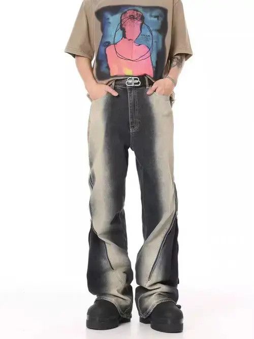 Retro washed old gradient RO style large zipper jeans