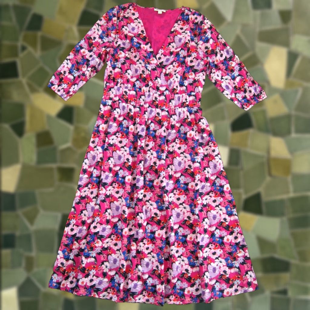 Pinko ON 34Th Maxi Dress 3/4 Sleeve V-Neck Floral 100% Cotton Pink Blue Red Large Dress Womens Size L / US 10 / IT 46 - 1 Thumbnail