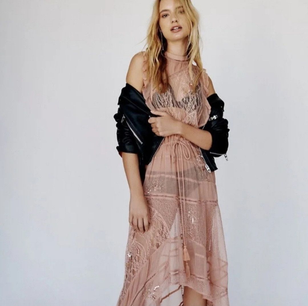 image of Free People Morning Star Embellished Sheer Dress in Salmon, Women's (Size Small)