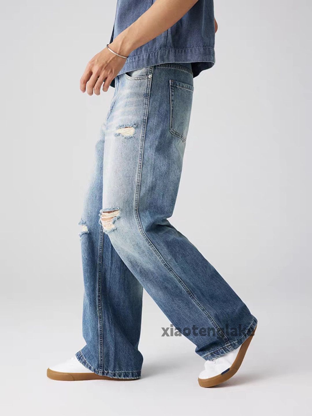 Jean Unisex washed faded loose baggy skate hiphop ripped jeans Size US 30 / EU 46 - 4 Thumbnail