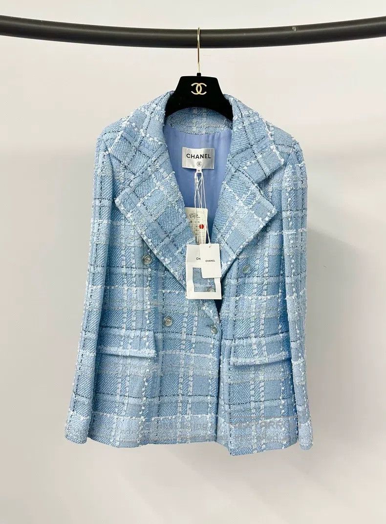 Chanel Blue plaid tweed coat
