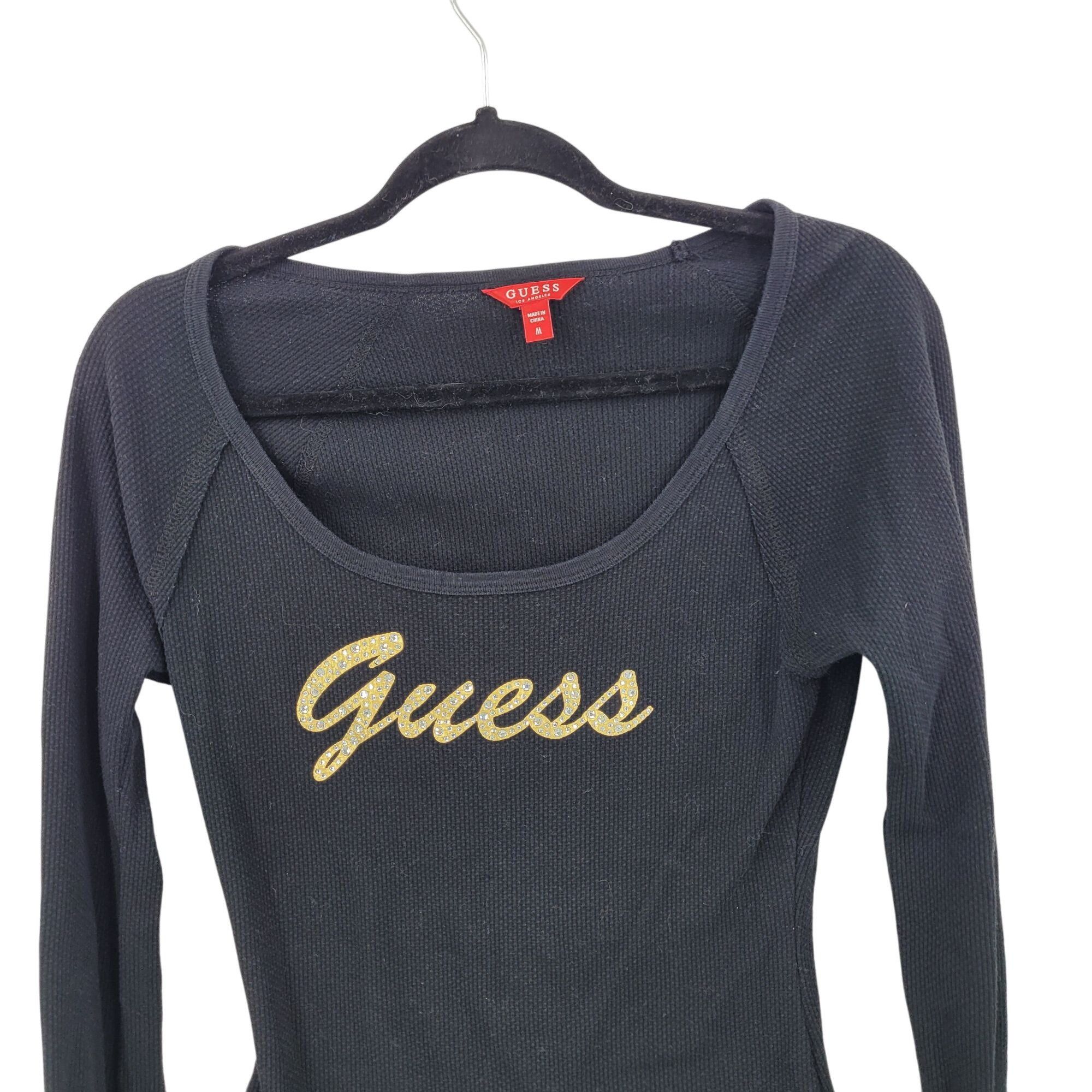 Guess Y2K Guess Black Long-Sleeve Thermal Knit Top Womens Sz M Gol Size M / US 6-8 / IT 42-44 - 6 Thumbnail