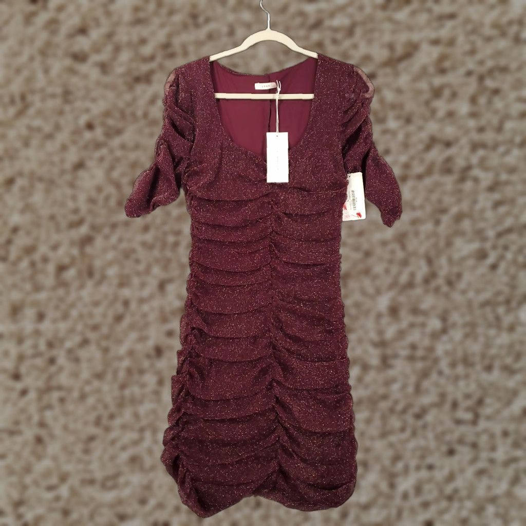 Vintage Lush Sheath Dress Mini Purple Boysenberry L Large Short Sleeve Ruched Draped Sparkle Shimmer Polyester Blend Spandex Size L / US 10 / IT 46 - 1 Thumbnail