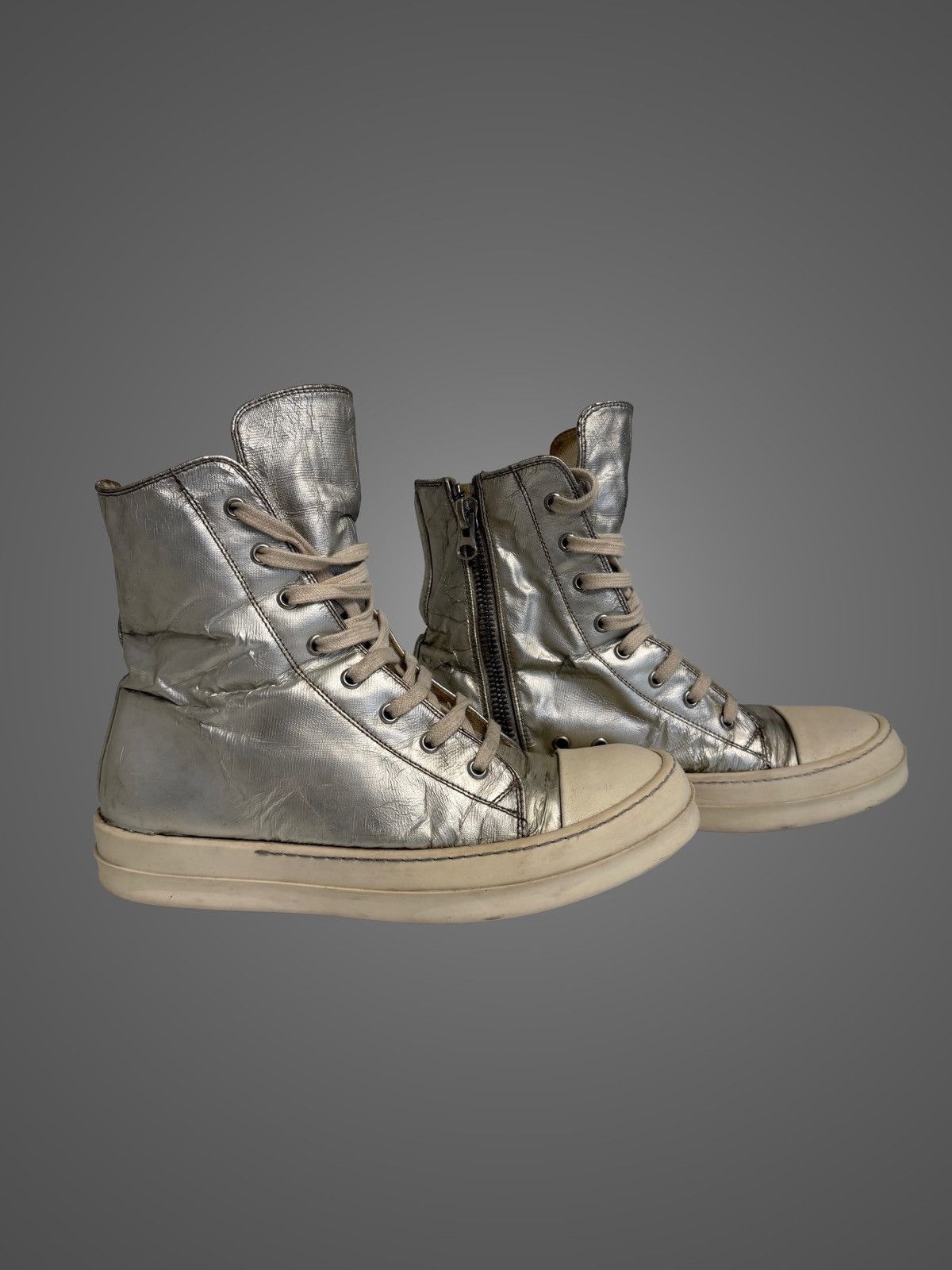 Rick Owens Drkshdw Rick Owens DRKSHDW Hi-Top Silver Satin Ramones from SS16 Size US 8 / EU 41 - 2 Thumbnail