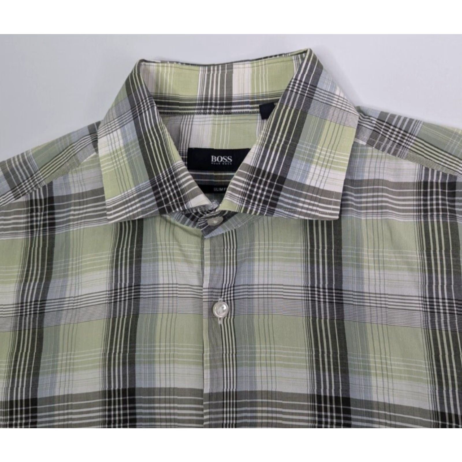 Hugo Boss HUGO BOSS Dress Shirt Slim Fit 16 Green Plaid 100% Cotton Italian Fabric Spread Collar Mens Shirt Size 42R - 2 Thumbnail