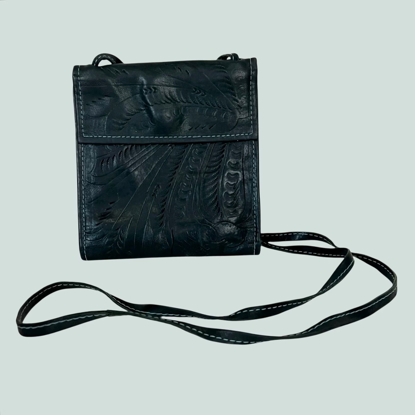 Vintage J.L. Saldivar Tooled Leather Purse Trifold Crossbody Boho Western Blue Womens Crossbody Purse Size ONE SIZE - 1 Thumbnail