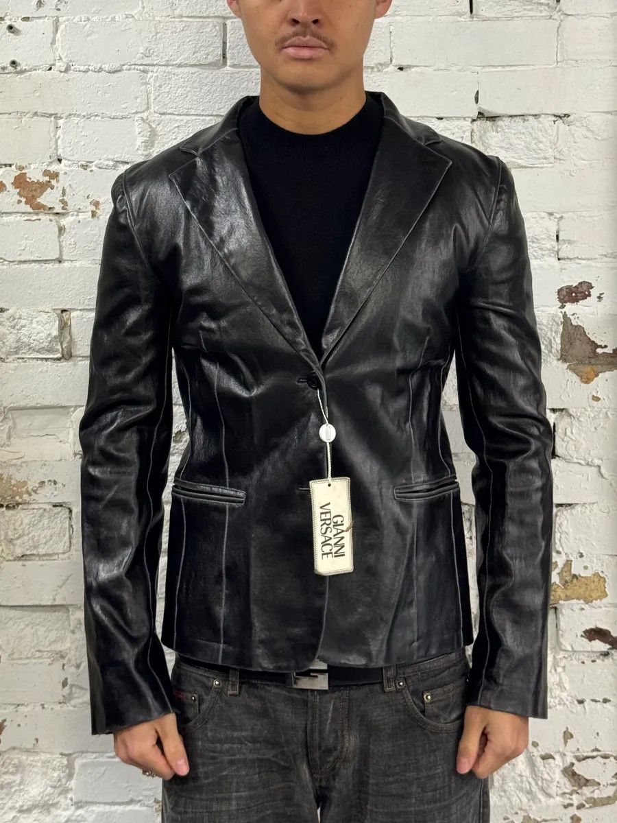 Vintage 1990s Gianni Versace Pure Black Leather Blazer Jacket Size US S / EU 44-46 / 1 - 2 Thumbnail