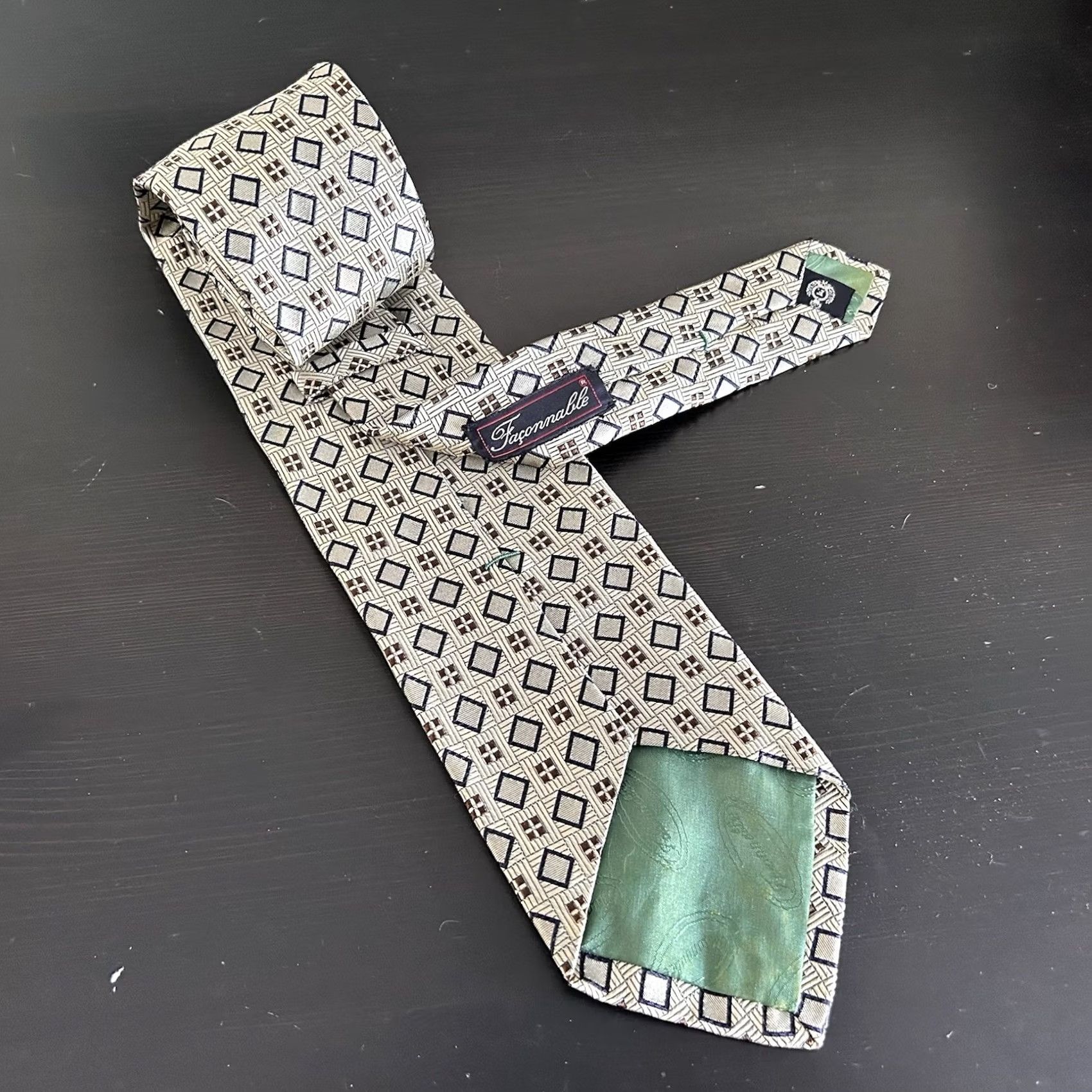 Faconnable Façonnable Necktie Geometric Ivory Brown 100% Silk Made in France 3 3/4 x 59 1/4 Size ONE SIZE - 2 Thumbnail