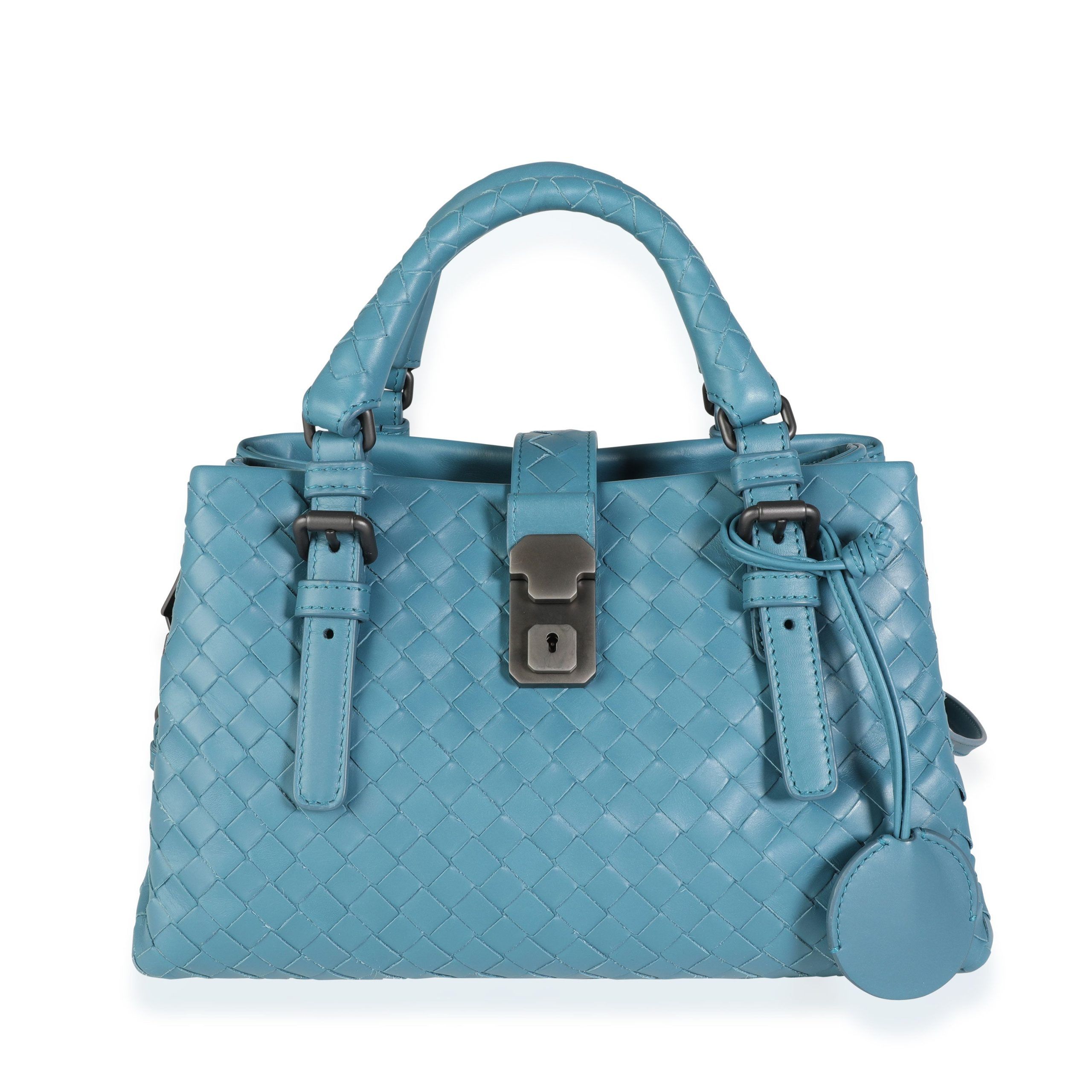 image of Bottega Veneta Turquoise Intrecciato Small Roma Tote in Green, Women's