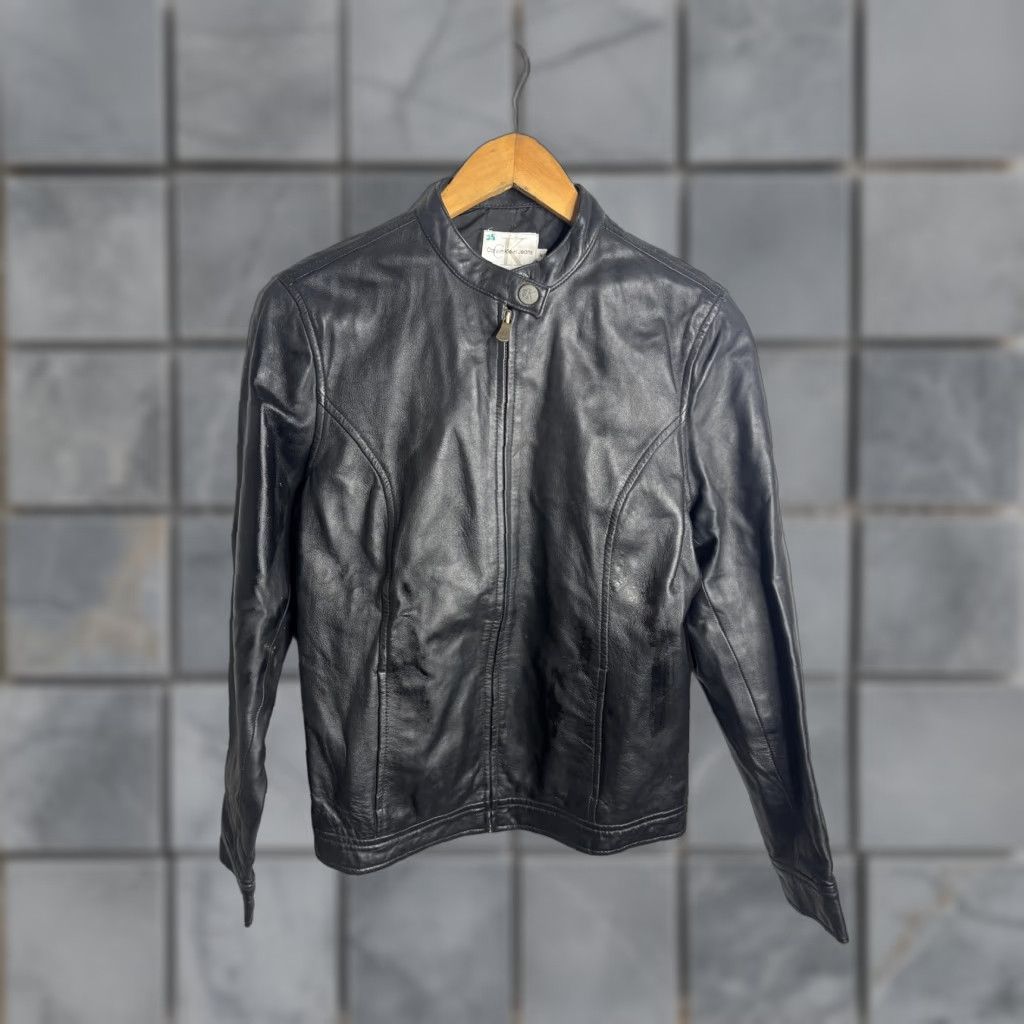 Vintage Calvin Klein Jeans Jacket Womens Medium Black Leather Moto Full Zip Biker Collar Size 32" / US 10 / IT 46 - 1 Thumbnail