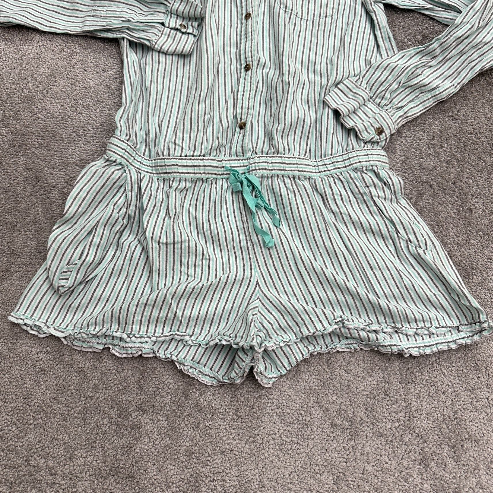 Vintage Xhilaration Romper Shirt Womens Small Green Striped Long Sleeve Casual One-Piece Cardigan? wait. Size S / US 4 / IT 40 - 4 Thumbnail