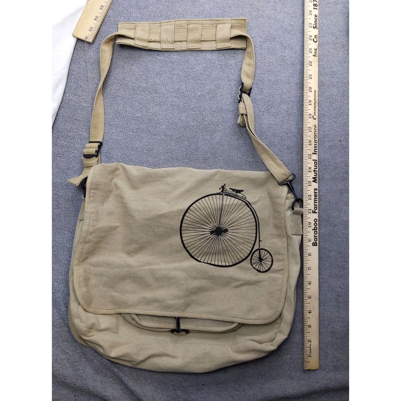 Vintage Unbranded Penny Farthing Bicycle Canvas Messenger Bag Unisex Large Beige Tan Transportation Bag Size ONE SIZE - 2 Thumbnail