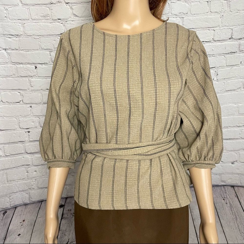 Zara Zara Trafaluc Puff Sleeve Beige Stripes Waist Tie Top Size Size M / US 6-8 / IT 42-44 - 3 Thumbnail