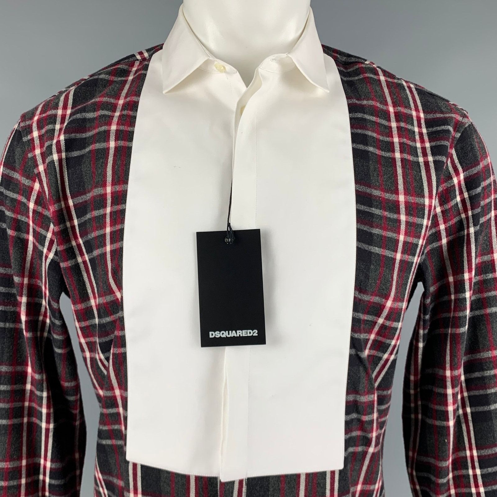 Dsquared2 Size S Grey Black Red Plaid Cotton Tuxedo Long Sleeve Shirt Size 48R - 2 Thumbnail