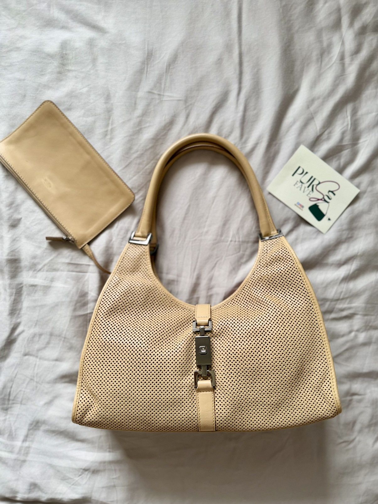 Gucci Authentic GUCCI Jackie Bardot Tan Hobo Perforated Leather Size ONE SIZE - 25 Thumbnail
