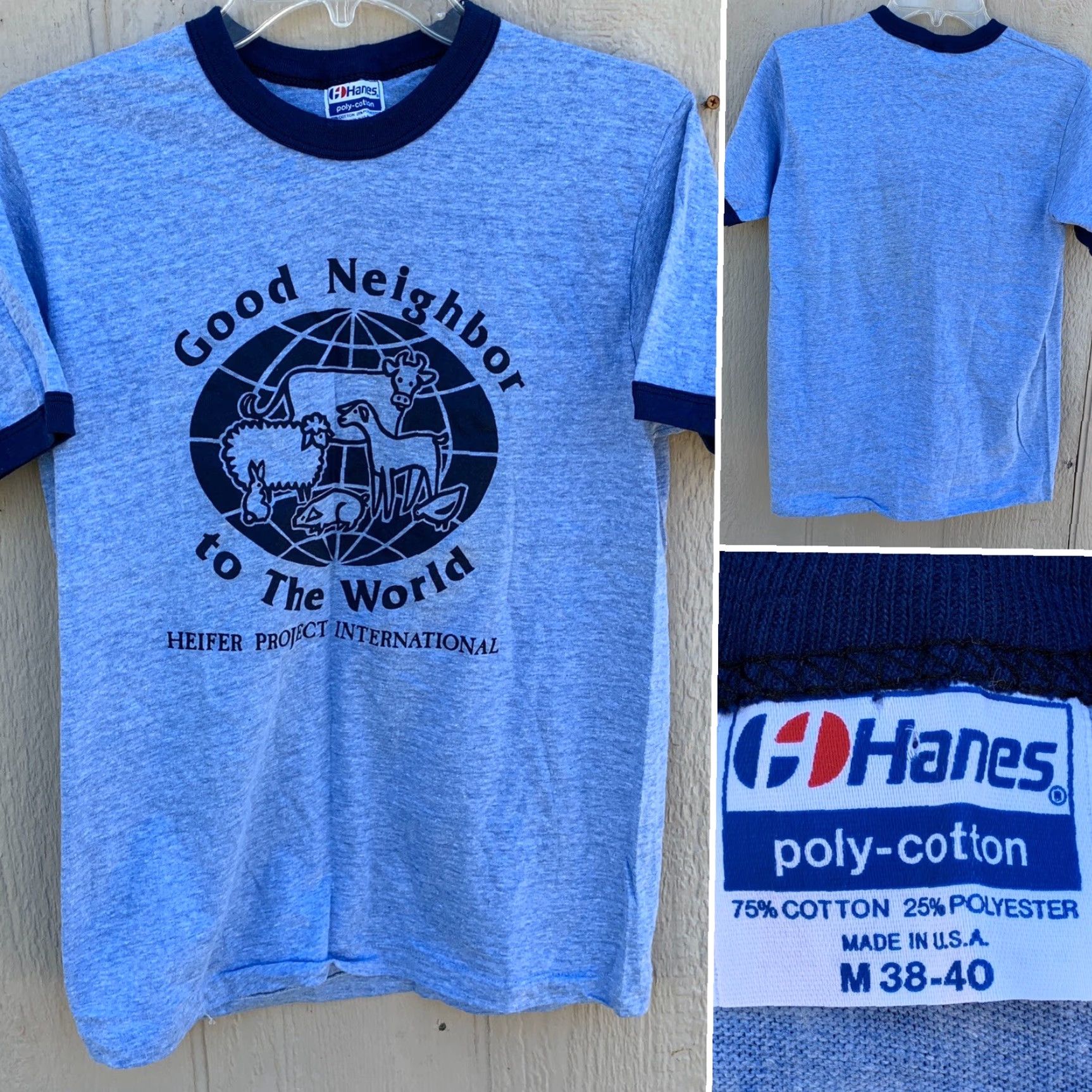 Hanes VINTAGE Heifer Project International Ringer T Shirt M Men Blue 1980s Hanes Poly/Cotton Graphic Tee Size US M / EU 48-50 / 2 - 3 Thumbnail