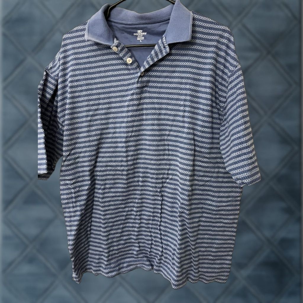 Dockers DOCKERS Polo Shirt Blue Striped Short Sleeve L Mens Golf Polo Shirt, Regular Fit, 100% Polyester Size US L / EU 52-54 / 3 - 1 Thumbnail