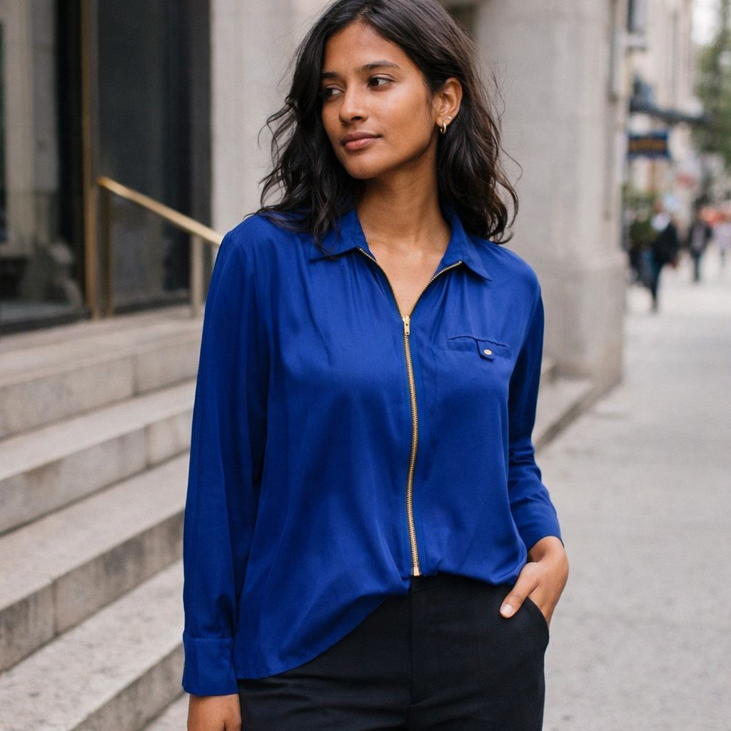 Amanda Uprichard Amanda Uprichard Women's 100% Silk zip front blouse in blue Size S / US 4 / IT 40 - 1 Thumbnail