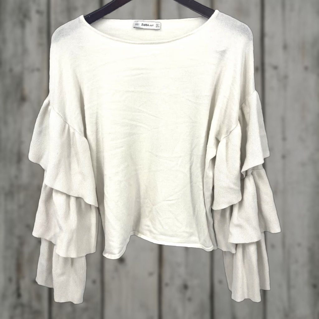 Zara Zara Knit Sweater Womens Large L Ivory Tiered Ruffle Sleeves Frill Pullover Bohemian Designer Elegant Modern Knit Style Vintage No Size L / US 10 / IT 46 - 1 Thumbnail
