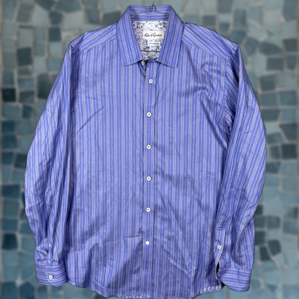 Robert Graham Robert Graham X Dress Shirt Mens 16 Steel Blue Striped Cotton Preppy Slim Tailored Fit Professional Casual Dress Shirt Mens Size 42R - 1 Thumbnail