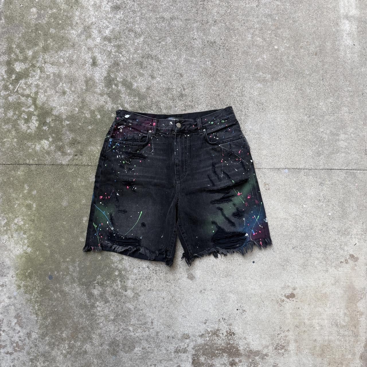 AMIRI Distressed Thrasher Graffiti Black Denim Jean Shorts