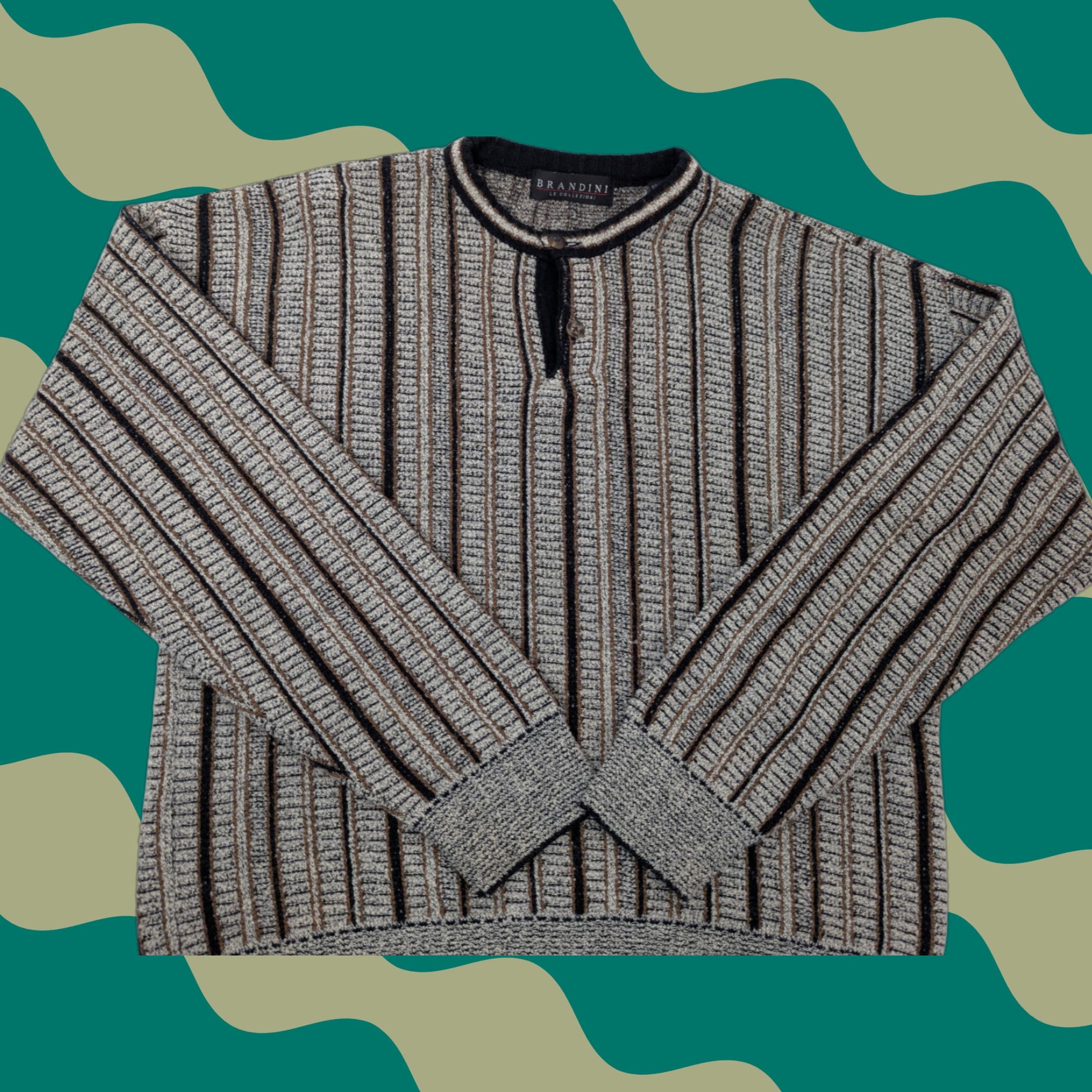 Vintage VINTAGE Brandini Sweater Henley Knit Pullover Striped Gray L Men 90s Size US L / EU 52-54 / 3 - 1 Thumbnail