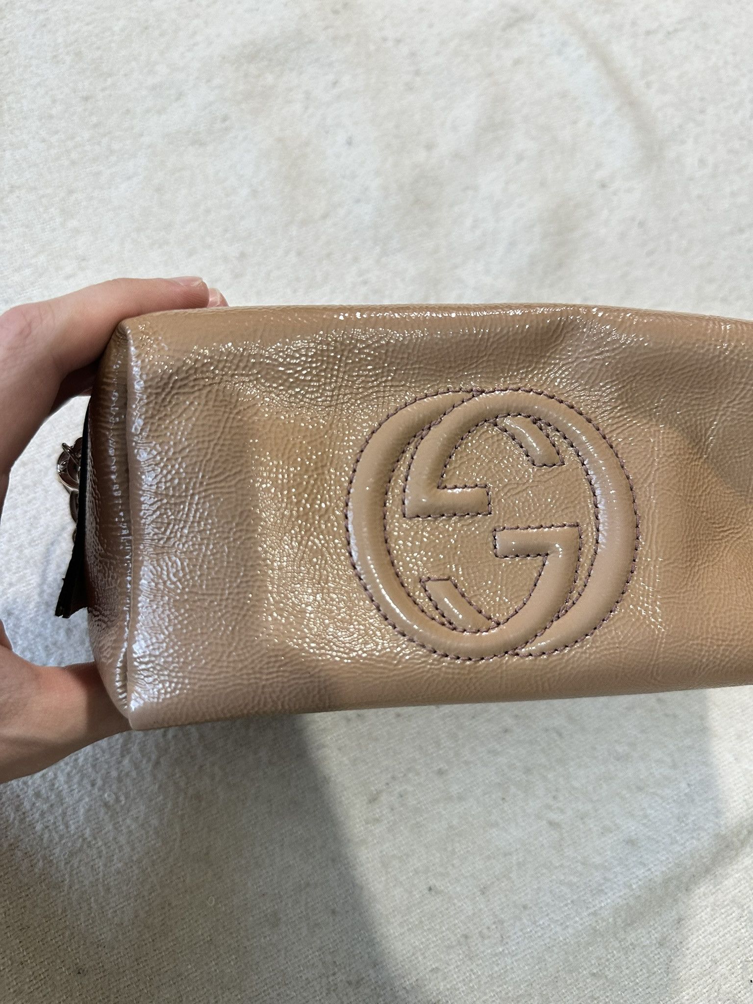 Gucci Gucci Soho Cosmetic Pouch Patent Beige Leather Logo Size ONE SIZE - 6 Thumbnail