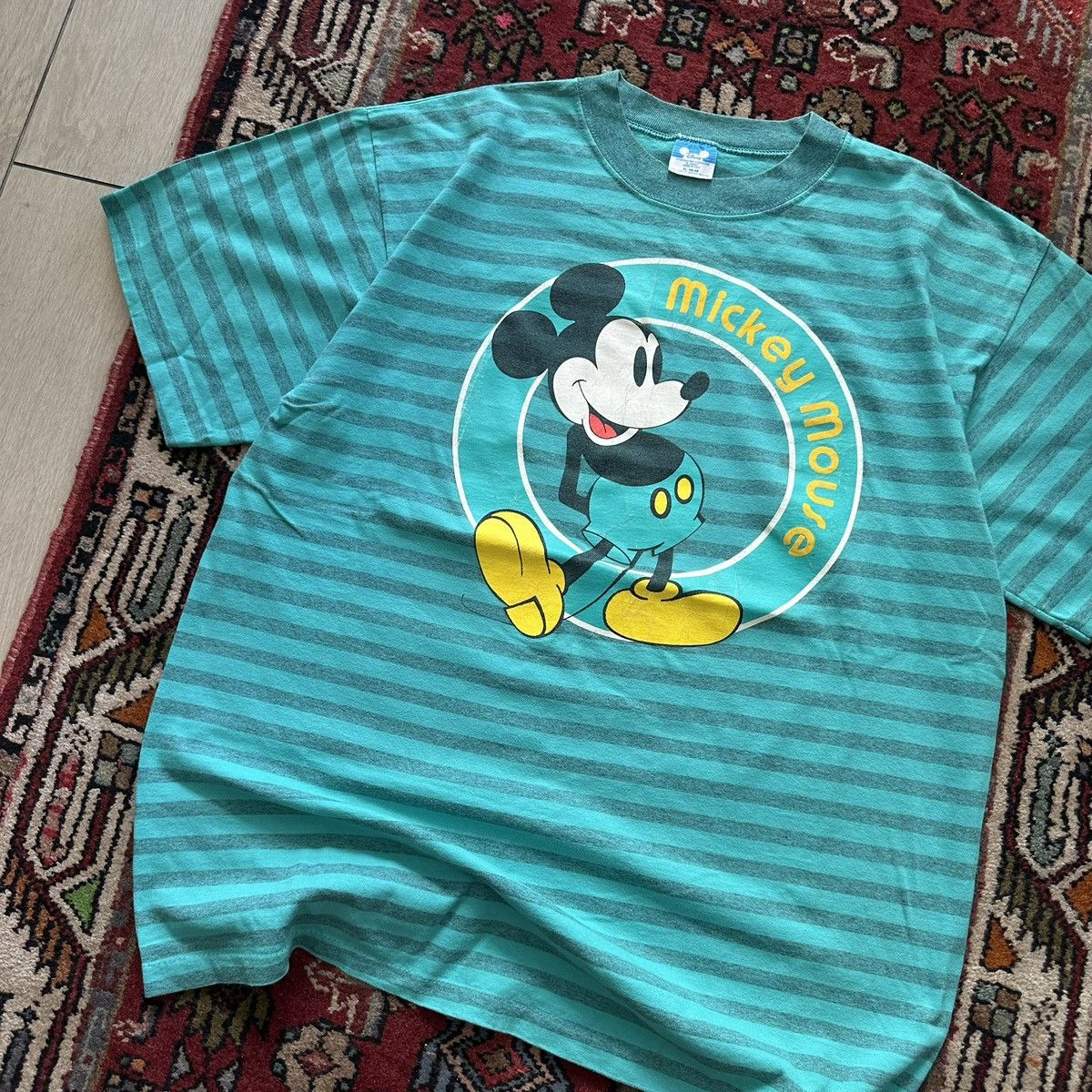 Disney Vintage 90s Mickey Mouse Striped Tee Teal Green Made in USA Size US XL / EU 56 / 4 - 2 Thumbnail