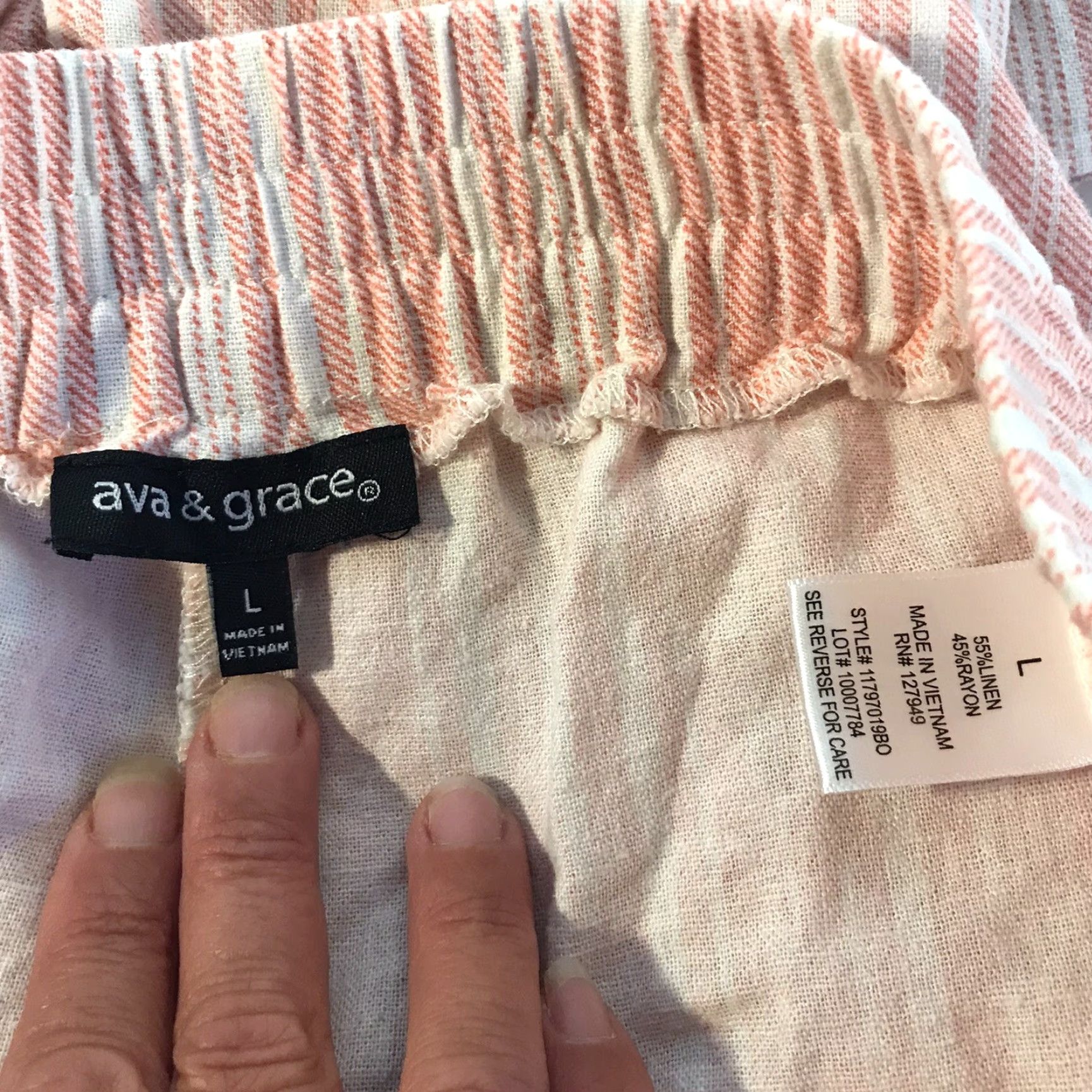 Vintage Ava & Grace Pull On Pants Womens Size L Pink/White Striped Linen Blend Elastic Waist Casual Size 36" / US 14 / IT 50 - 3 Thumbnail