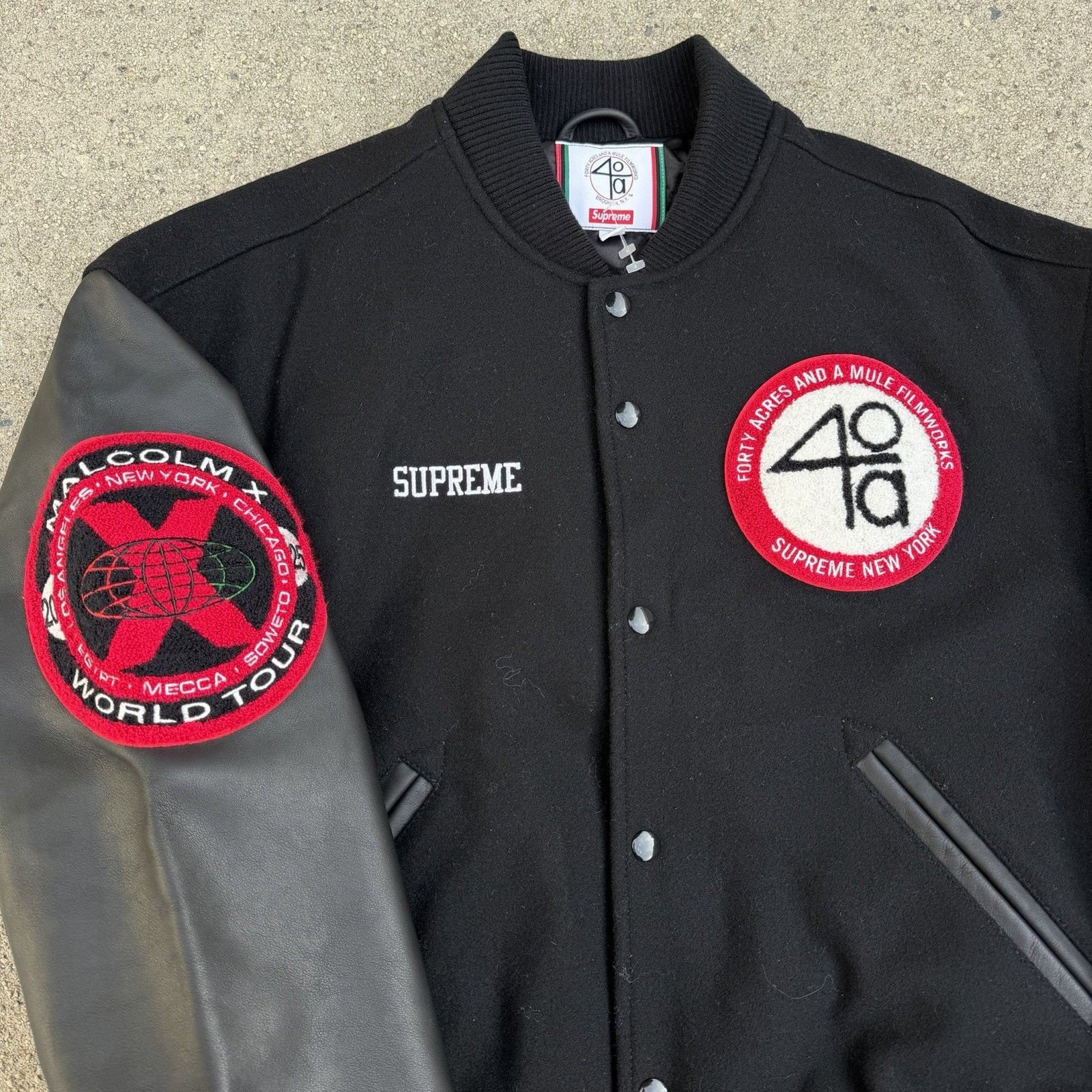 Hypebeast × Supreme Supreme x 40 Acres Malcolm X Black Varsity Jacket Sz M Size US M / EU 48-50 / 2 - 2 Thumbnail