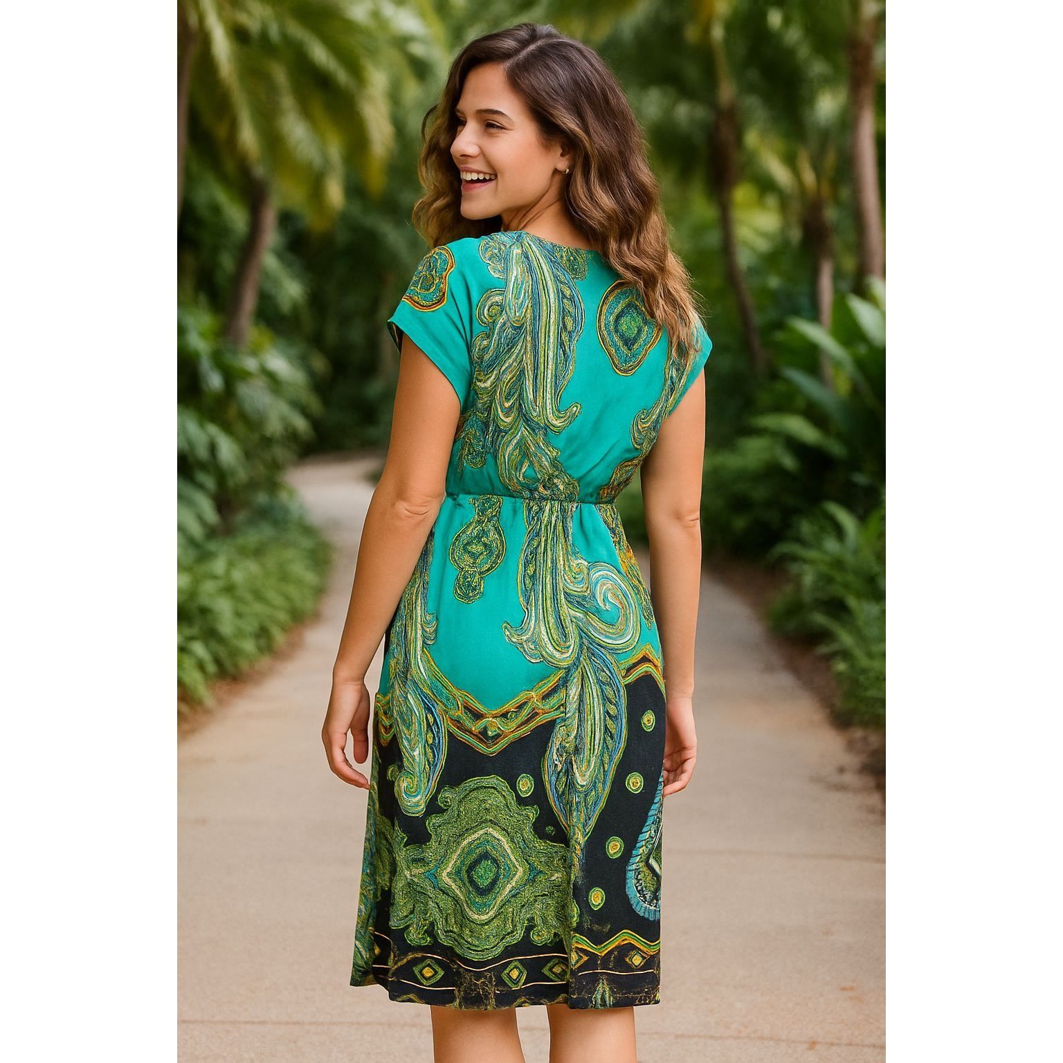 5th Love Large Turquoise Lime Green Black Printed Boho Dress -  www.sarperyapi.com