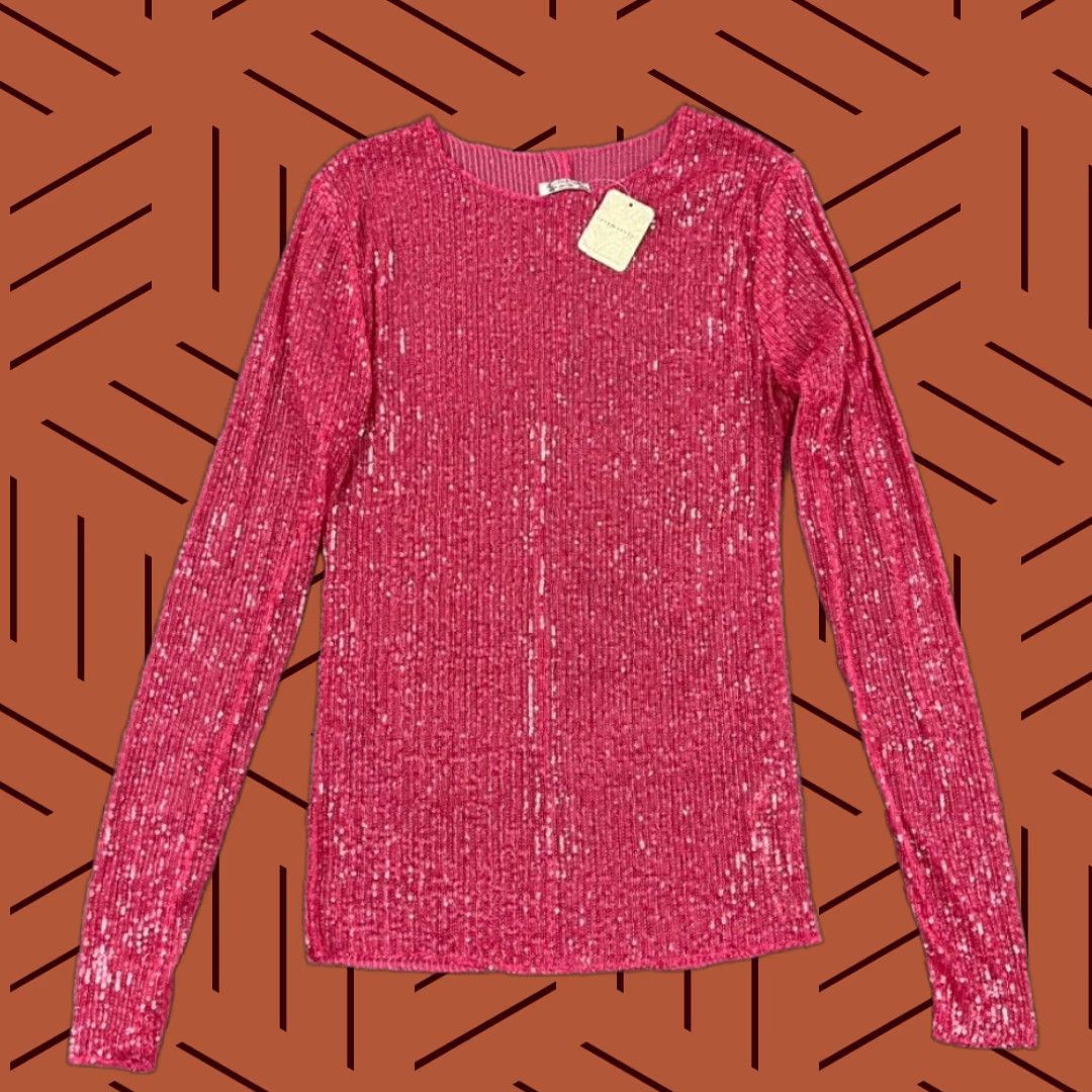Free People FREE PEOPLE Shirt Womens Small Hot Pink Combo Sequin Sparkle Long Sleeve Party Casual Blouse Size S / US 4 / IT 40 - 1 Thumbnail