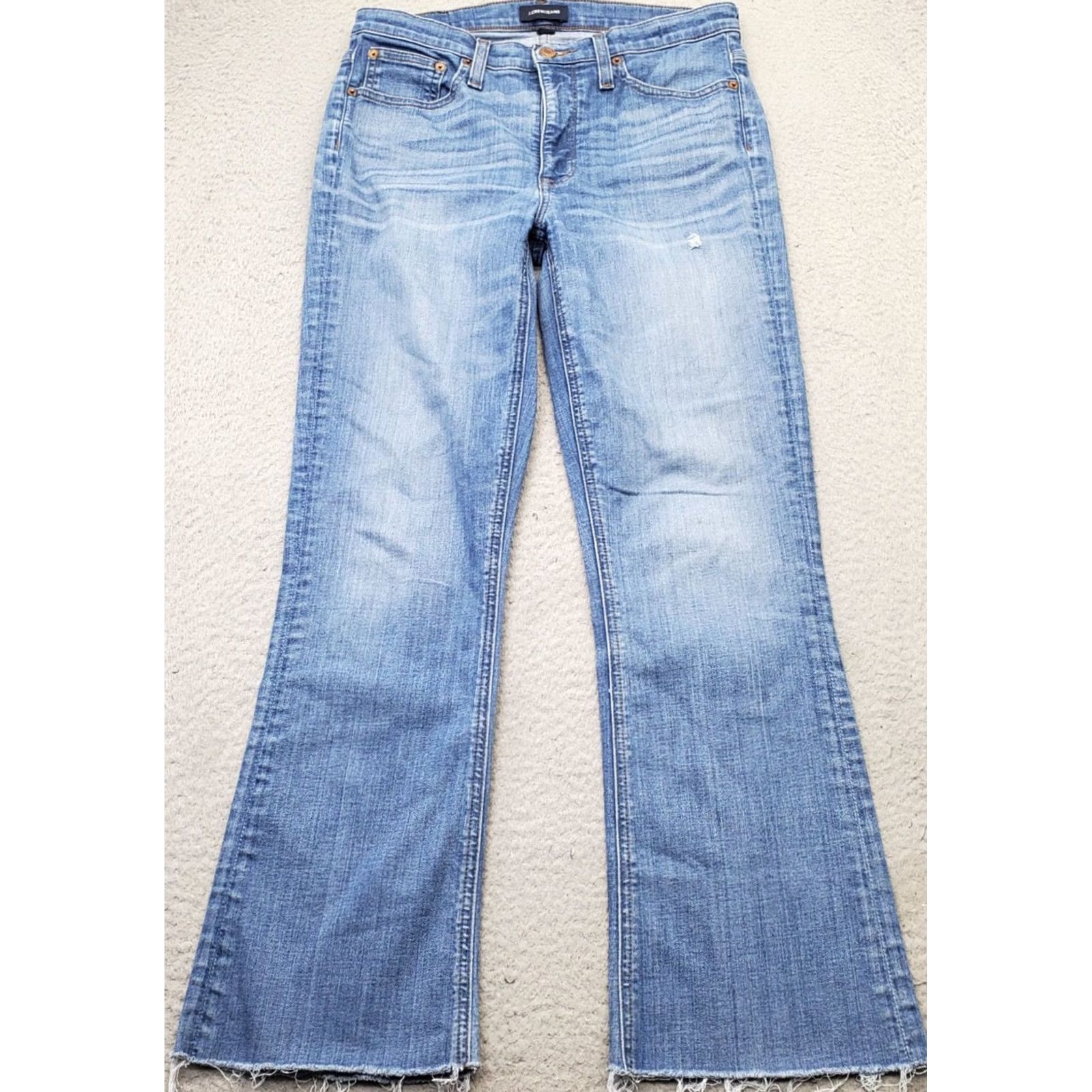 J.Crew J.CREW Bootcut Jeans Womens 29T Blue Denim Stretch Faded Raw Hem Whiskered Size 29" - 2 Thumbnail