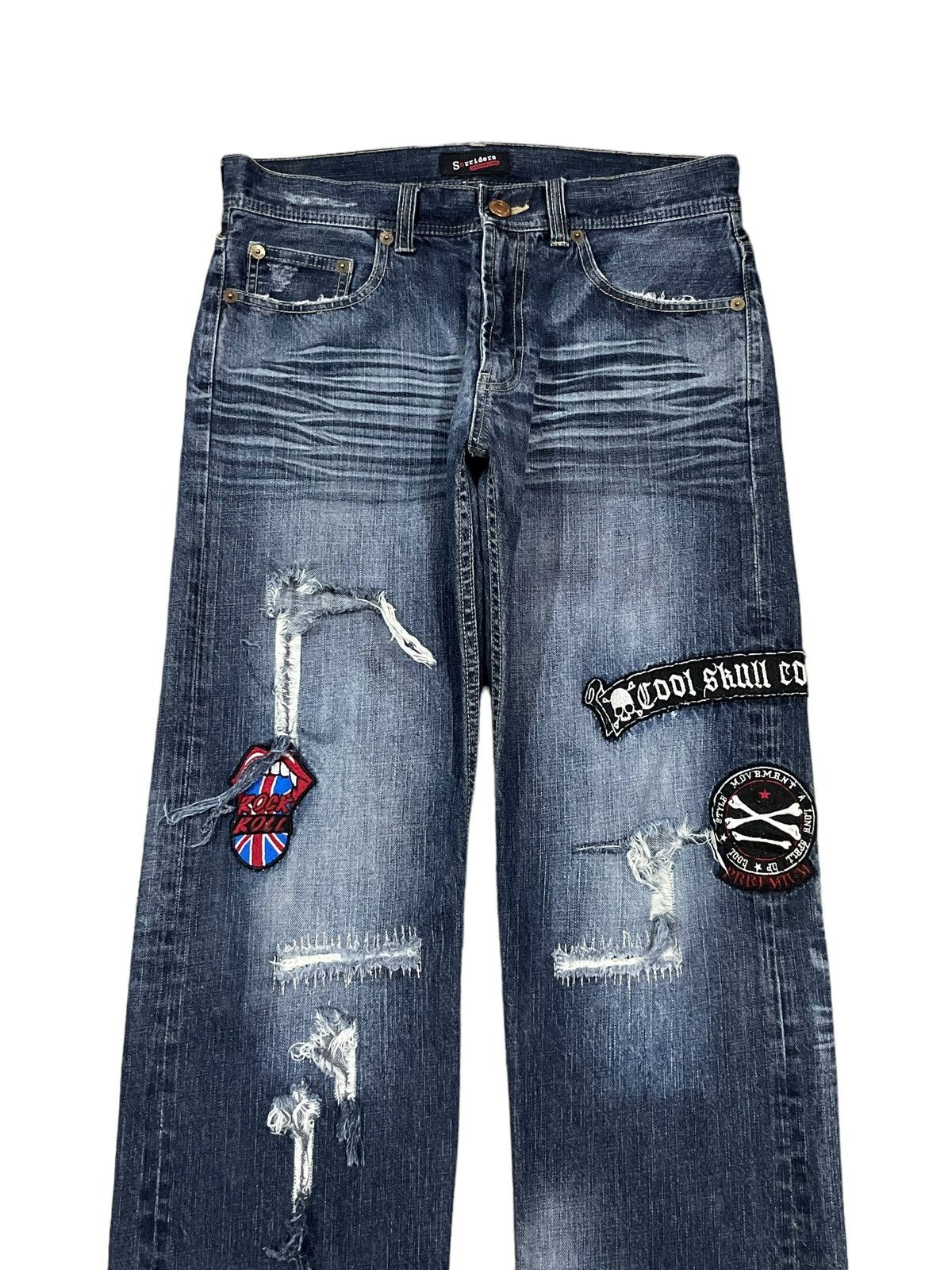 Seditionaries Vintage Y2K Punk Style Patches Denim Loose Distressed Jeans Size US 33 - 2 Thumbnail