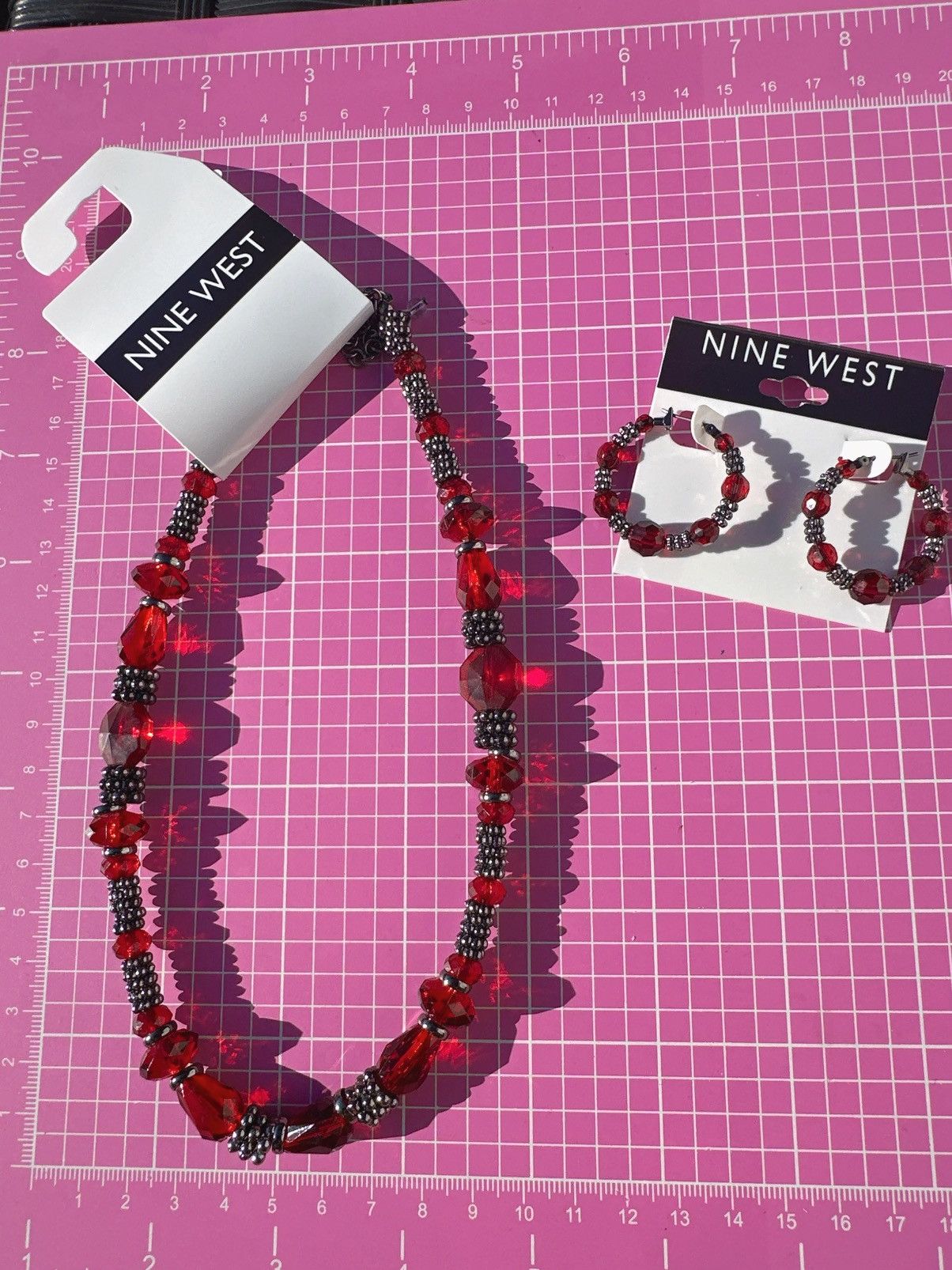 Nine West Nine West Red Crystal beaded Jewelry Set 17” necklace + ear Size ONE SIZE - 5 Thumbnail