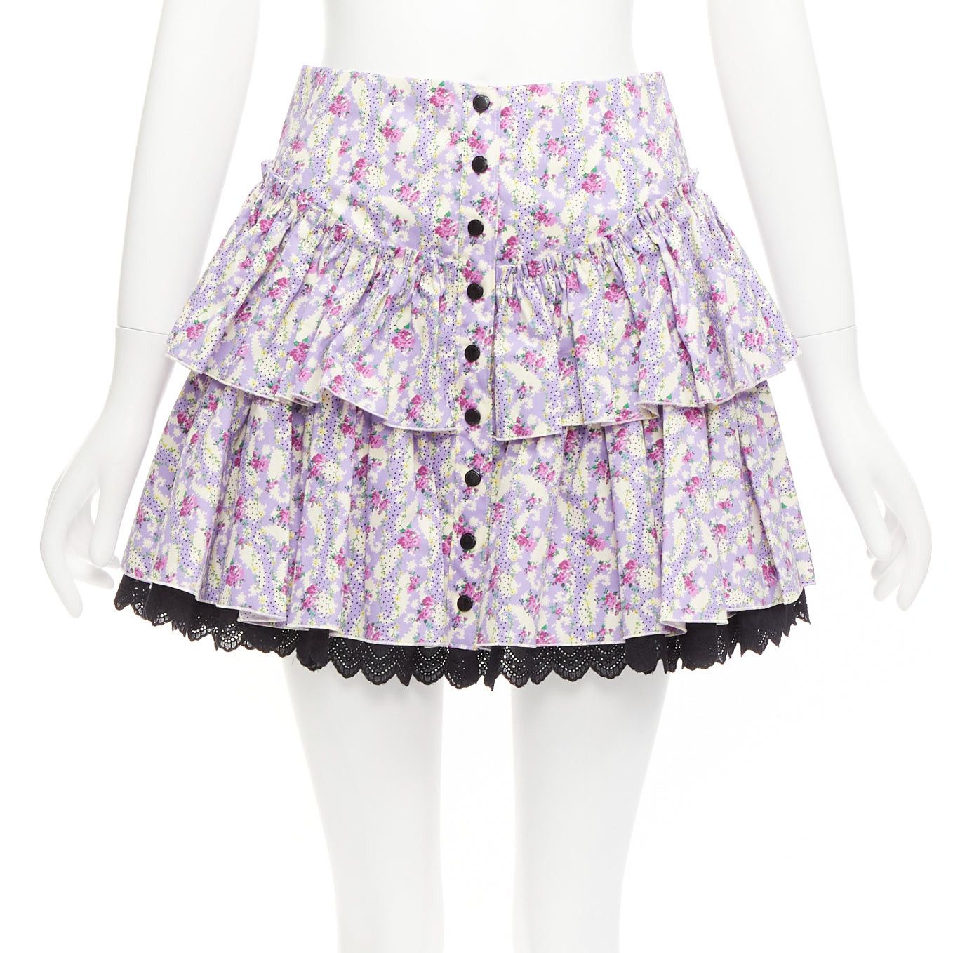image of Marc Jacobs Mini Prairie Skirt Purple Floral Print Black Lace Trim Tiered Us0 Xs, Women's (Size 26)