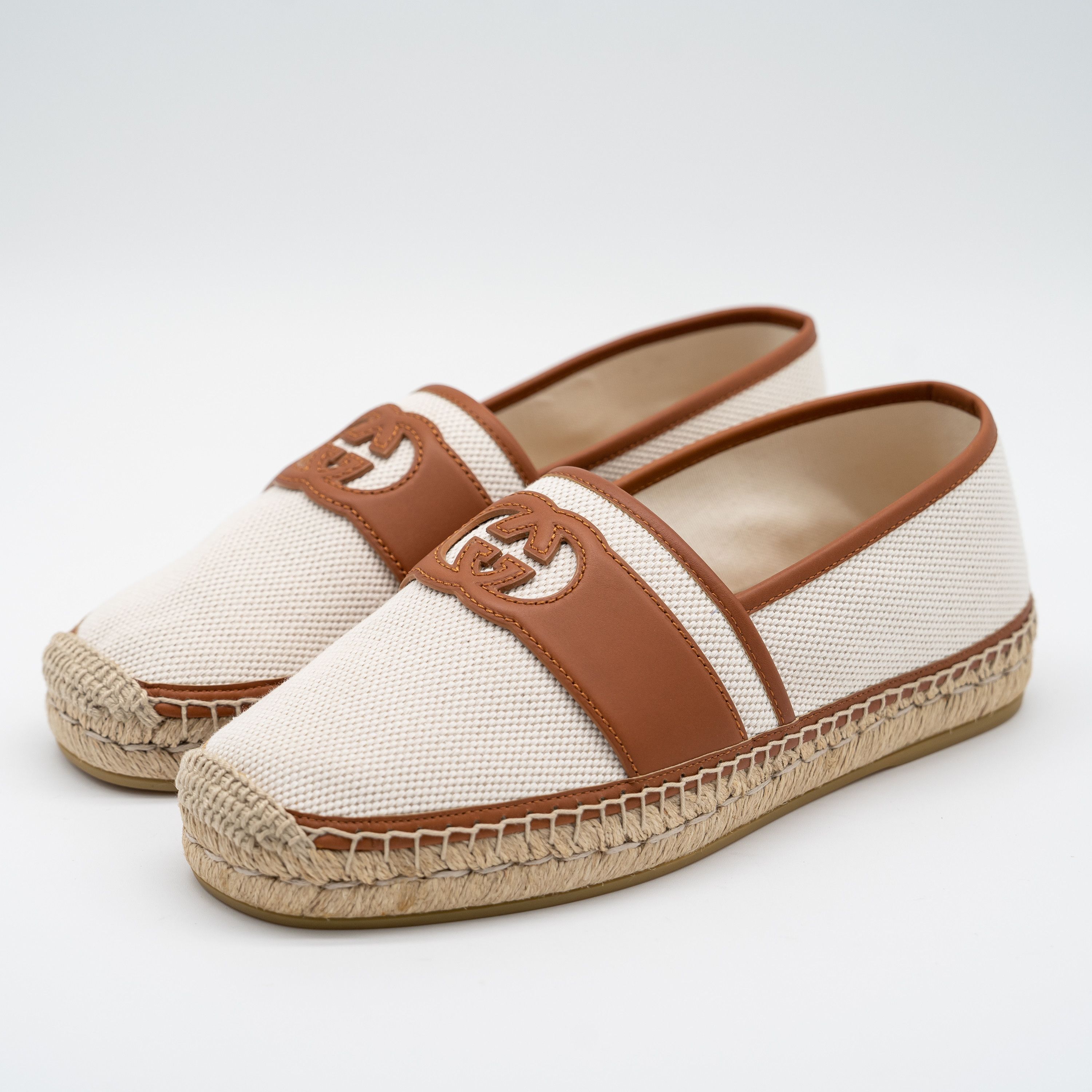 Gucci Gucci Espadrilles White Brown Leather Canvas Interlocking GG Size US 8.5 / EU 41-42 - 1 Thumbnail