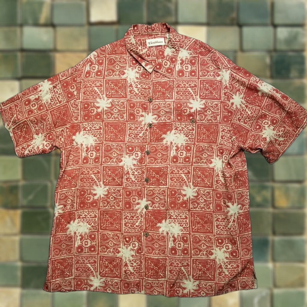 Vintage Caribbean Shirt Mens XL Red Beige Hawaiian 100% Rayon Travel Outdoor Button-Up Short Sleeve Collared Viscose Casual USA Size US XL / EU 56 / 4 - 1 Thumbnail