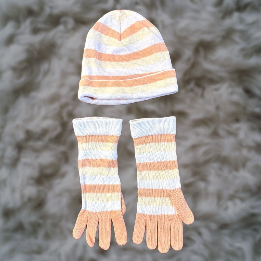 Ralph Lauren Lauren Ralph Lauren Glove Beanie Orange White Stripes One Size Women Angora Nylon Wool Set Size ONE SIZE - 1 Thumbnail