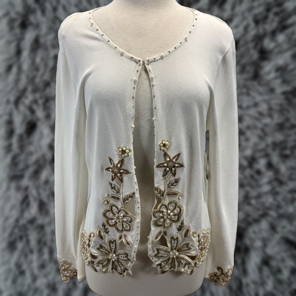 Vintage NEW! Vtg Just B Cardigan Sz Large Women’s Ivory Beaded Embroidered Embellished Size L / US 10 / IT 46 - 1 Thumbnail