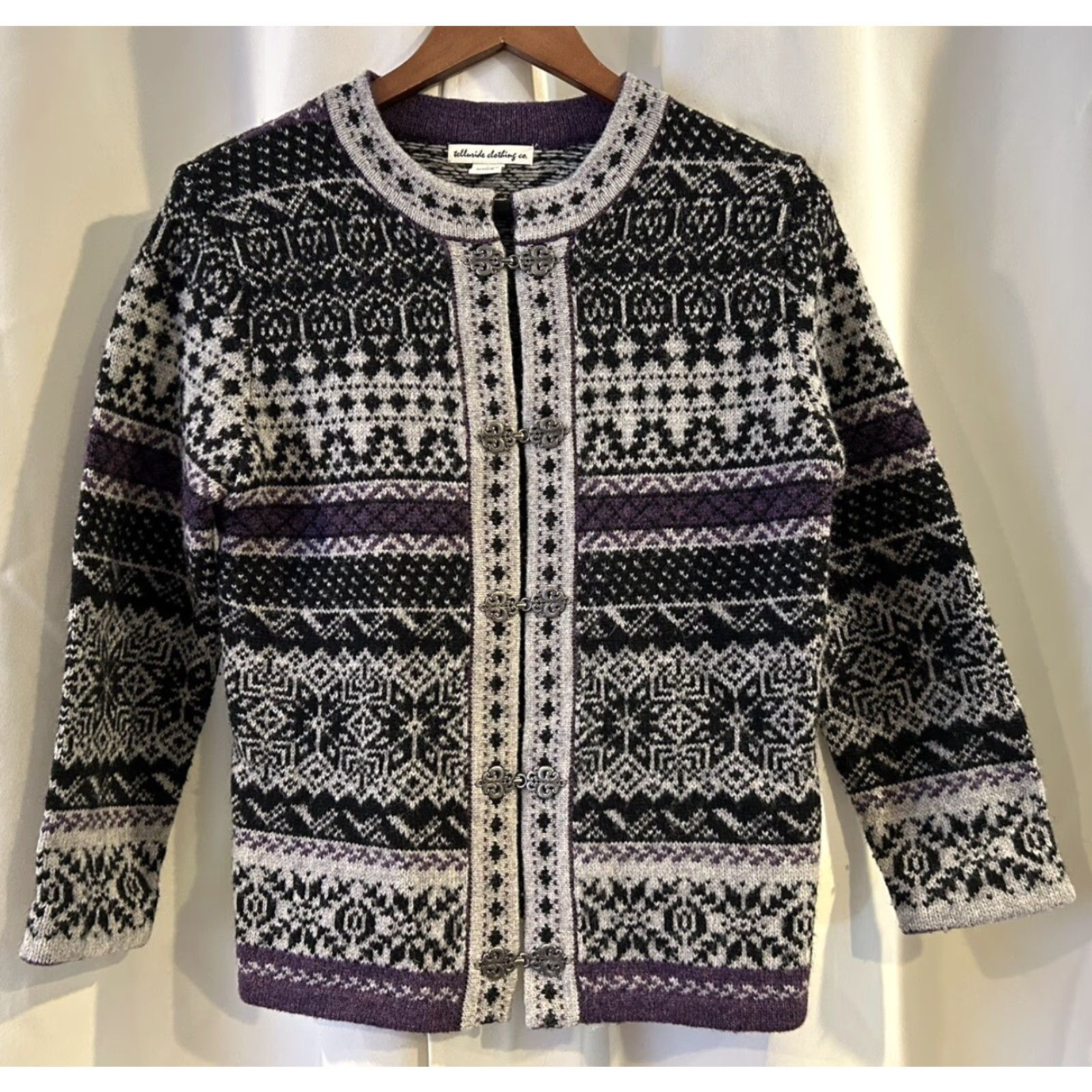 Vintage Telluride Clothing Sweater Cardigan Women’s Purple Black Fair Isle Wool S Small Long Sleeve Round Neck Size S / US 4 / IT 40 - 2 Thumbnail