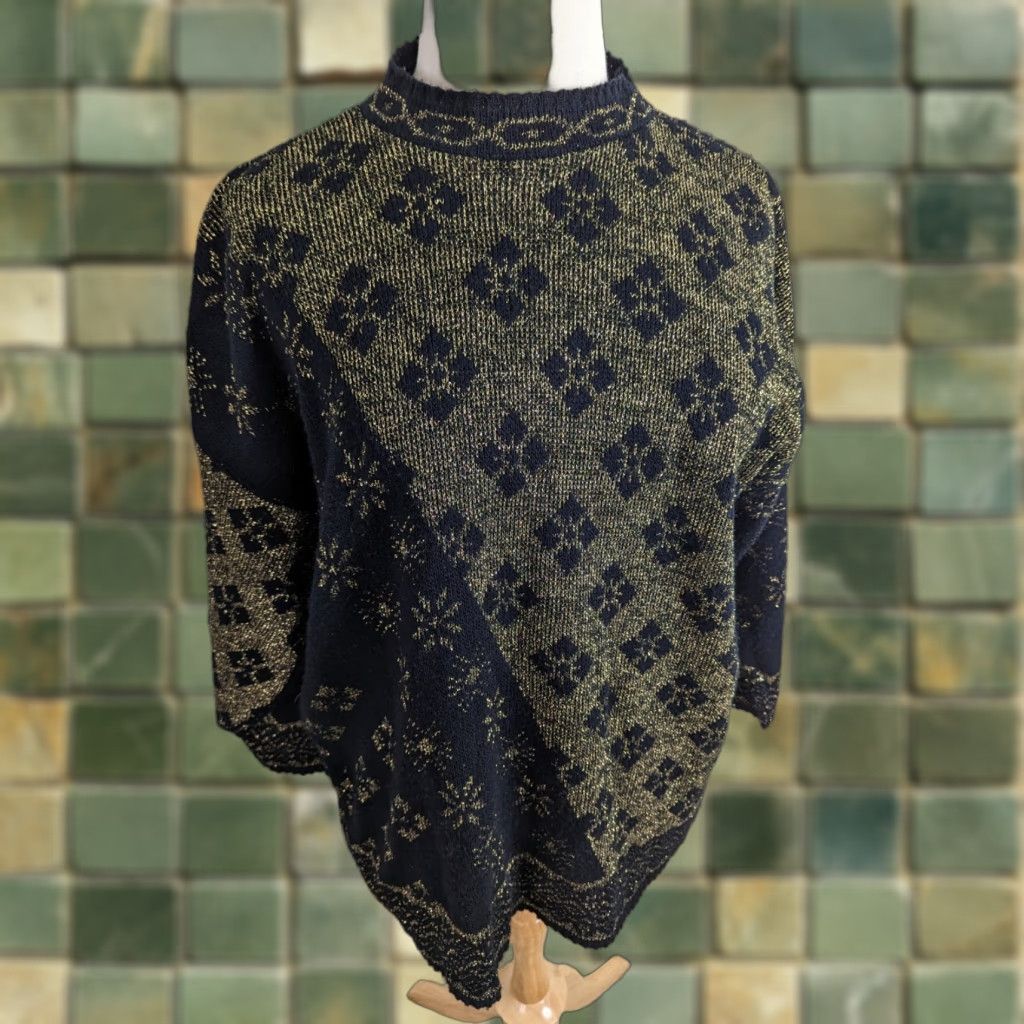 Vintage VINTAGE 80s Christmas Party Sweater Metallic Gold Black Women's 22W S11 Shirt Cardigan Open Christmas Look Women Womens Size 4XL / US 24-26 - 1 Thumbnail