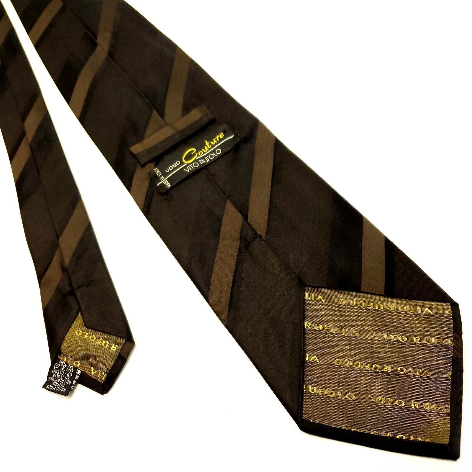 Designer Vito Rufolo Uomo Couture Silk Tie Brown Woven Striped Wide I Size ONE SIZE - 3 Thumbnail