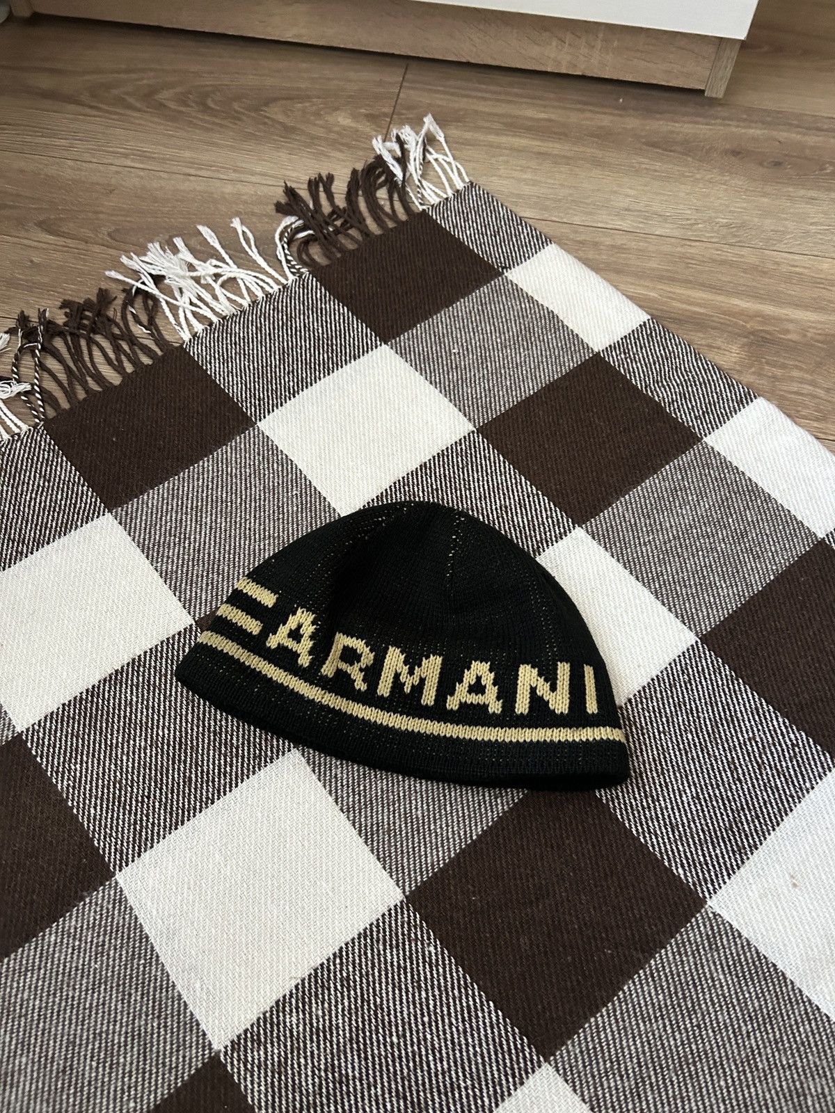 Armani × Vintage Vintage Armani Jeans big logo y2k beanie hats Size ONE SIZE - 1 Thumbnail