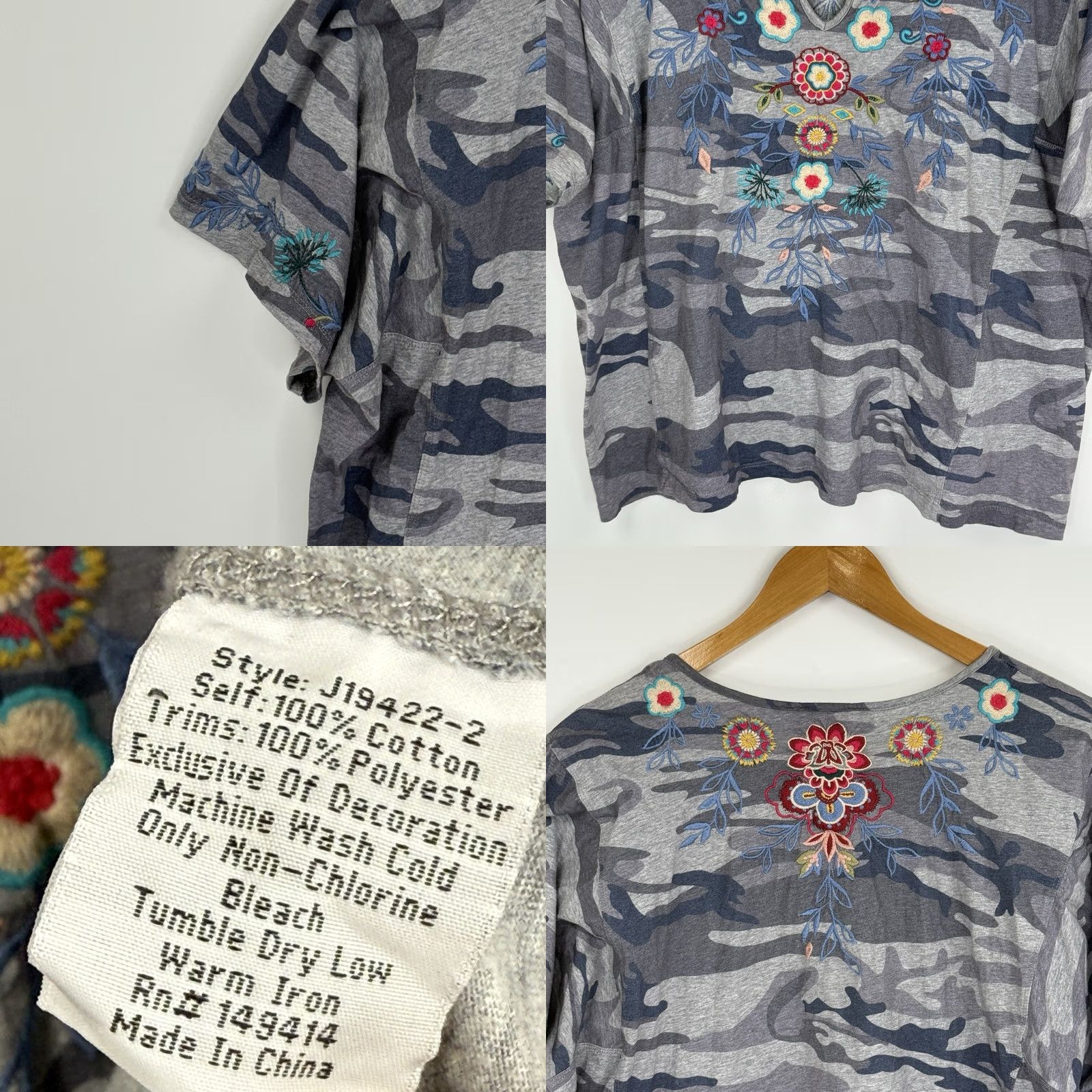 Johnny Was Johnny Was Top Medium Camo Short Sleeve V Neck Embroidered Boho Festival Shirt Womens M Gray混 Size M / US 6-8 / IT 42-44 - 8 Thumbnail