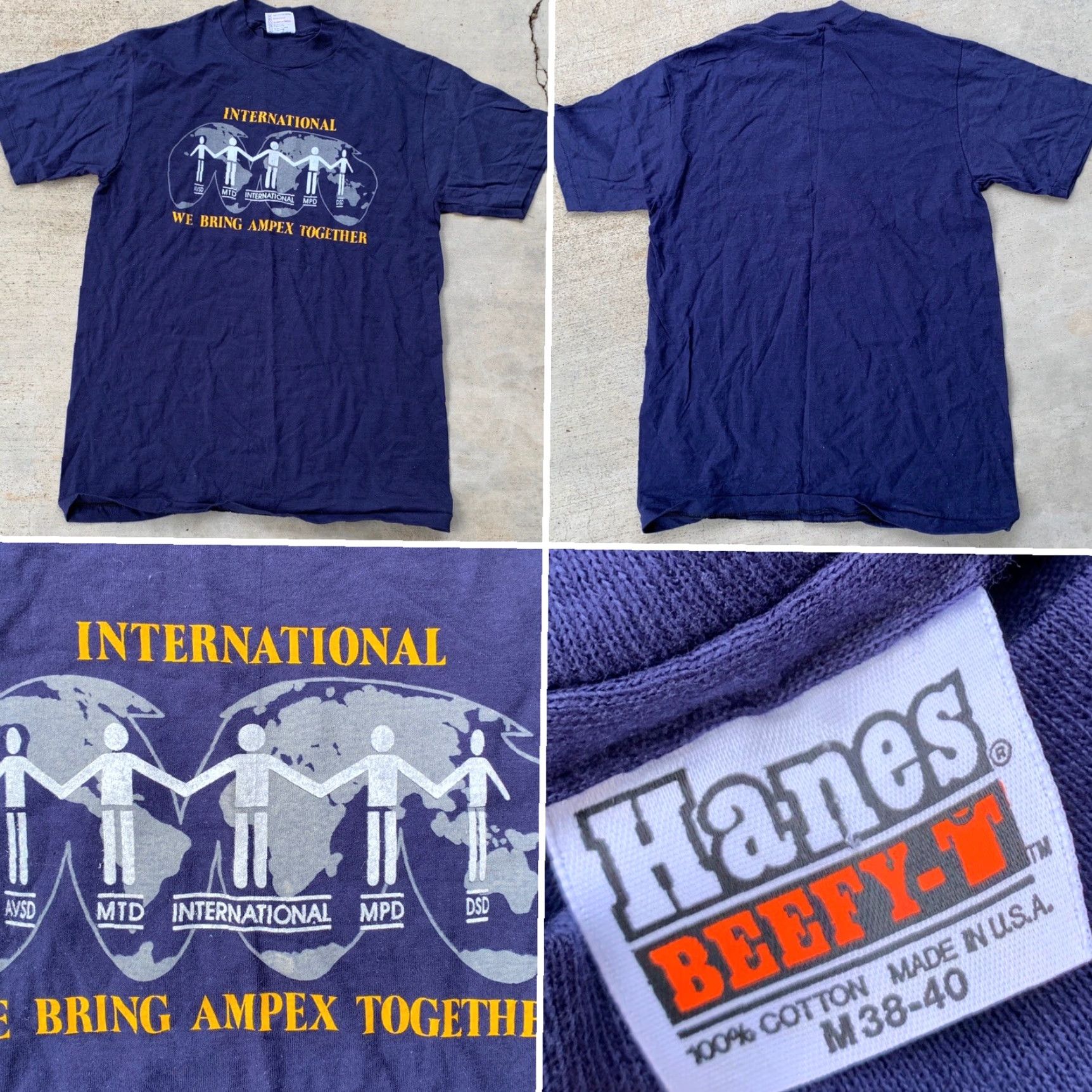 Hanes VINTAGE Hanes Maverick INTERNATIONAL MPD DSD We Bring AMPEX Together Tee Shirt M Blue Mens 1980s Graphic Tee Size ONE SIZE - 4 Thumbnail