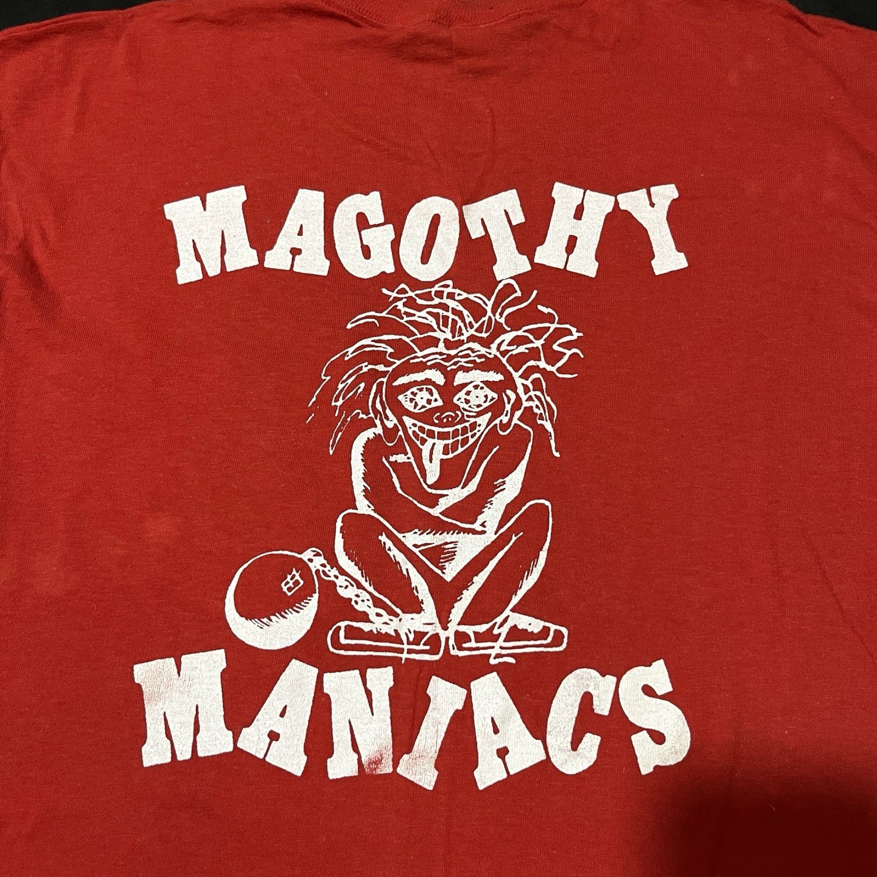 VINTAGE Maniacs Shirt Lee Men XL Red Cotton Knit Double-Sided Logo 1980s University Boston University 1980s Concert Staff Man 90s?