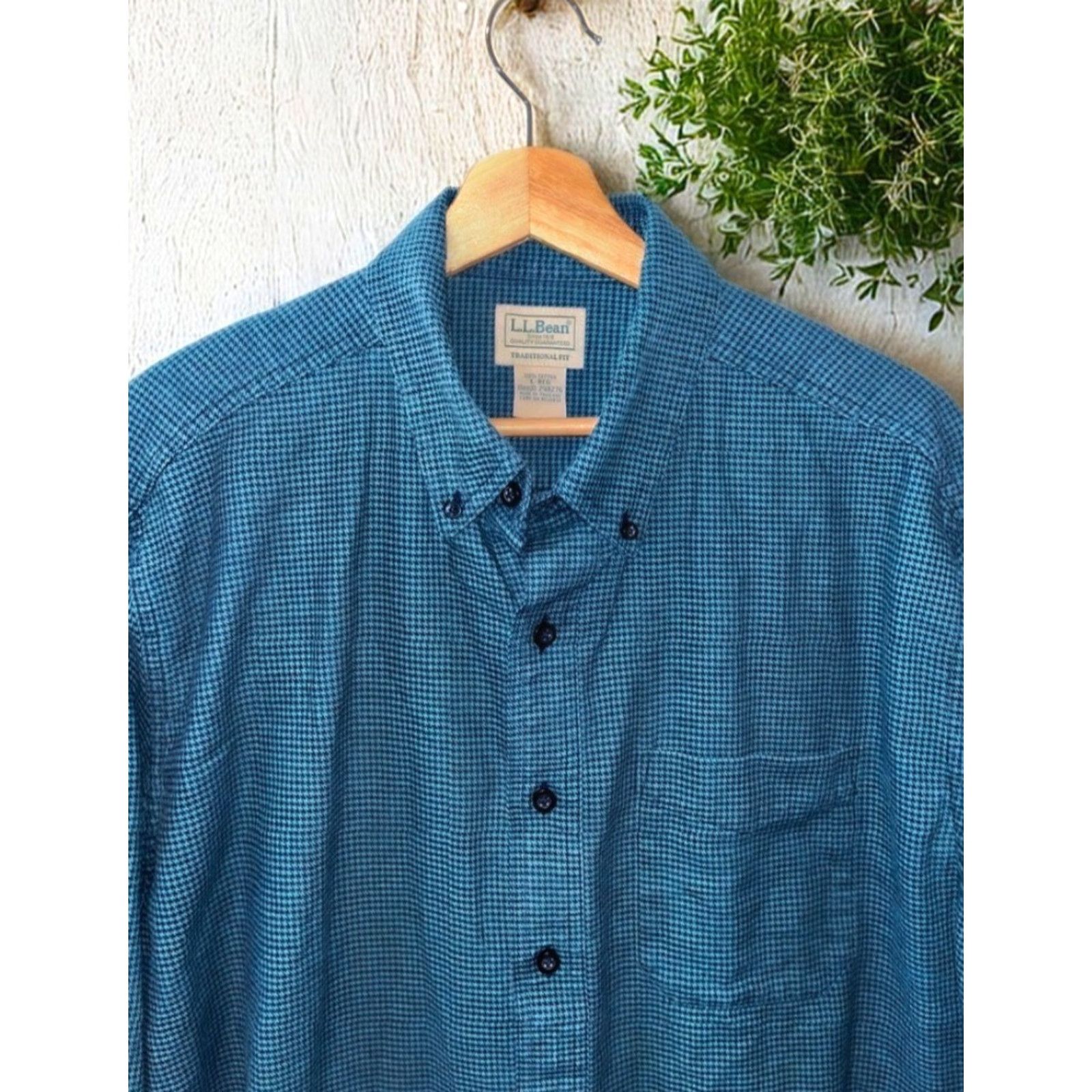 Vintage LL Bean Large Blue Green Houndstooth Button Down Shirt Traditional Fit Cotton Size US L / EU 52-54 / 3 - 6 Thumbnail