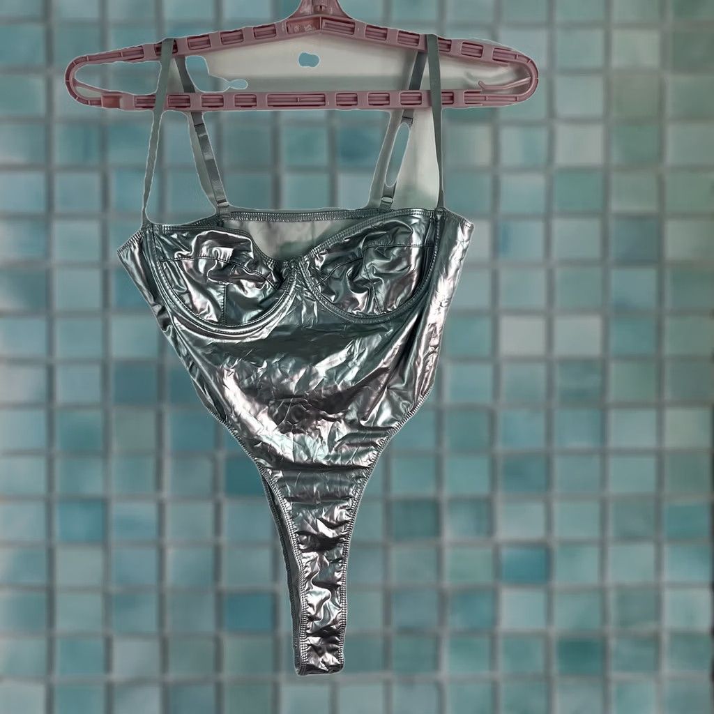 VINTAGE? No. Silver Lingerie Bodysuit-Sheen Sexy One-Piece Women's Size M