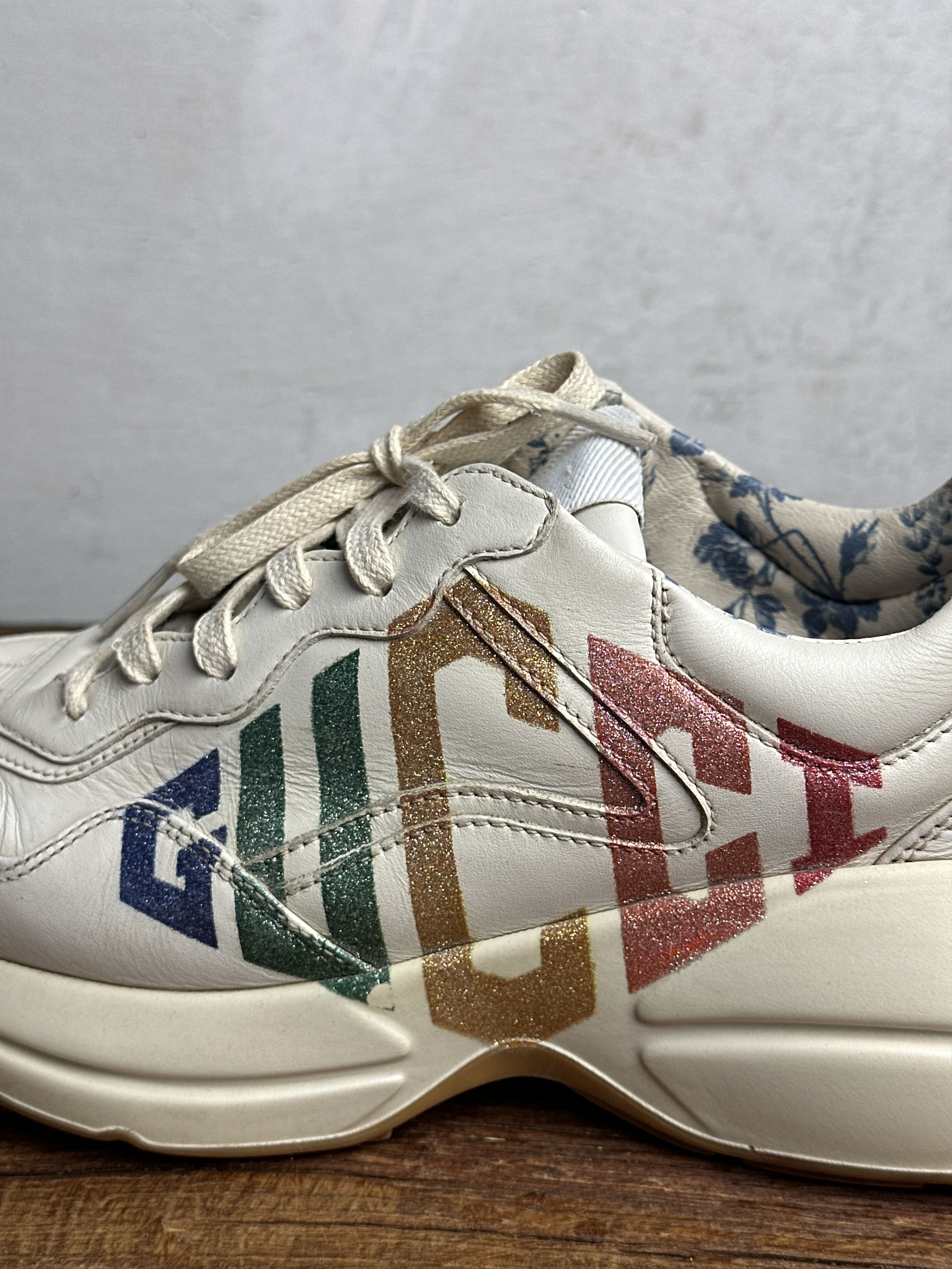 Gucci Gucci Beige Leather Glitter Rhyton Lace Up Sneakers Size US 8 / IT 38 - 15 Thumbnail